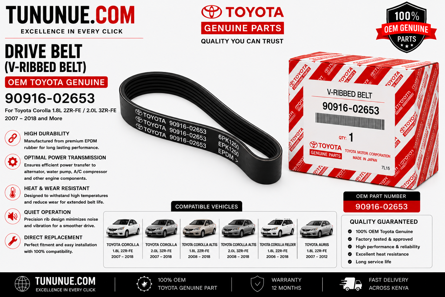 OEM Toyota Genuine Drive Belt (V-Ribbed Belt) 90916-02653 Corolla 1.8L 2ZR-FE / 2.0L 3ZR-FE