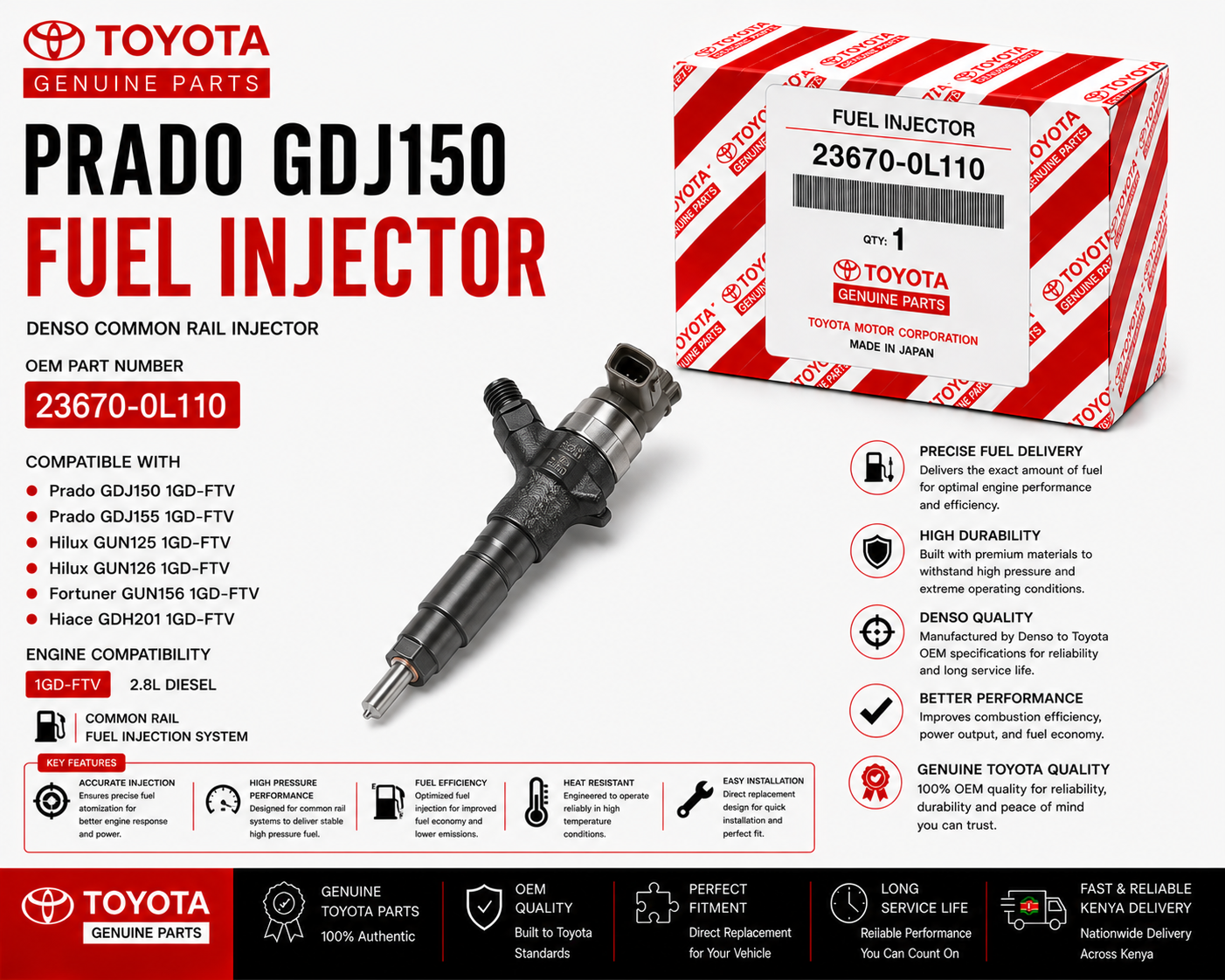 OEM Toyota Denso Fuel Injector 23670-0L110 Prado GDJ150 2.8L 1GD-FTV