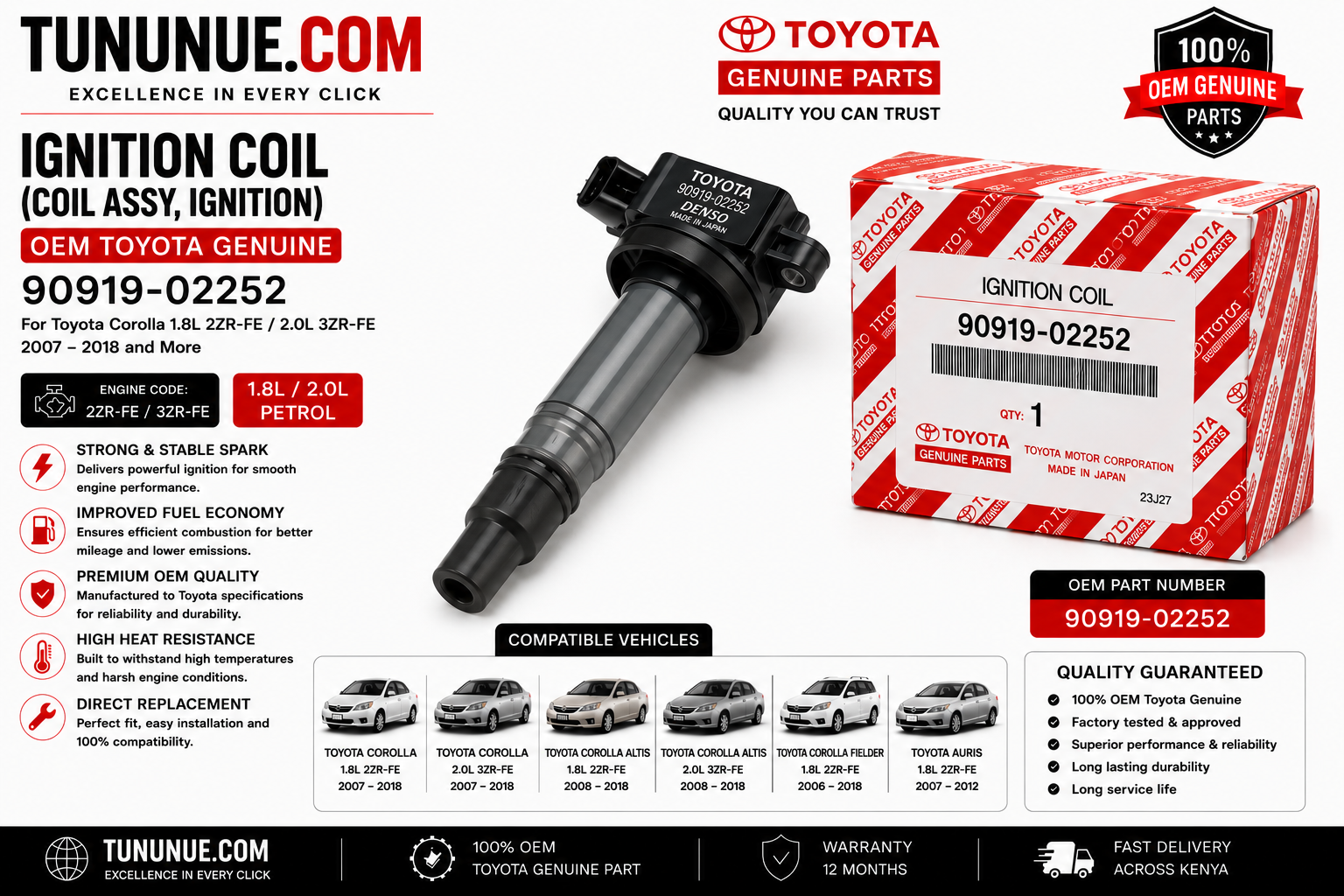 OEM Toyota Genuine Ignition Coil 90919-02252 Corolla 1.8L 2ZR-FE / 2.0L 3ZR-FE