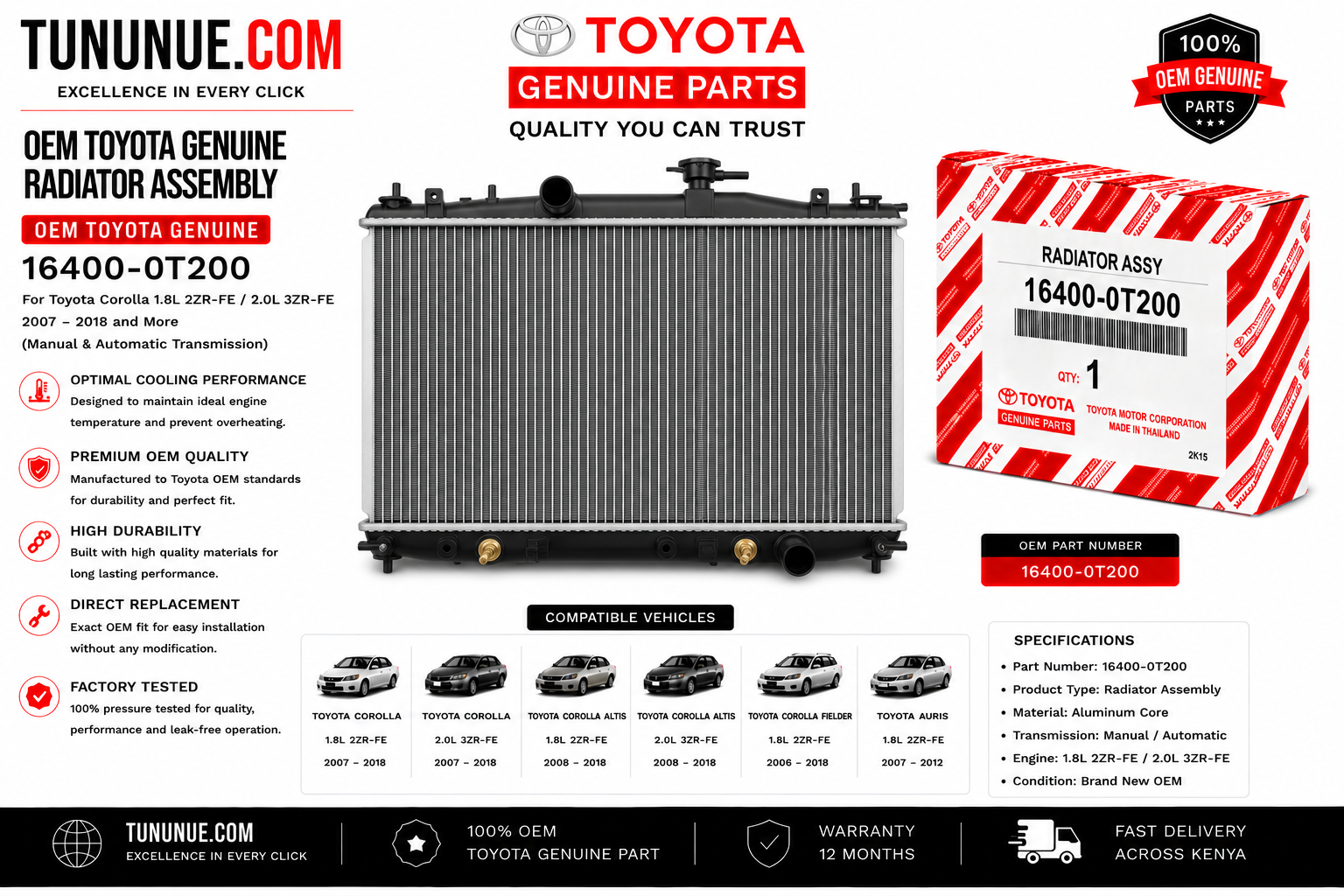 OEM Toyota Genuine Radiator Assembly 16400-0T200 Corolla 1.8L 2ZR-FE / 2.0L 3ZR-FE