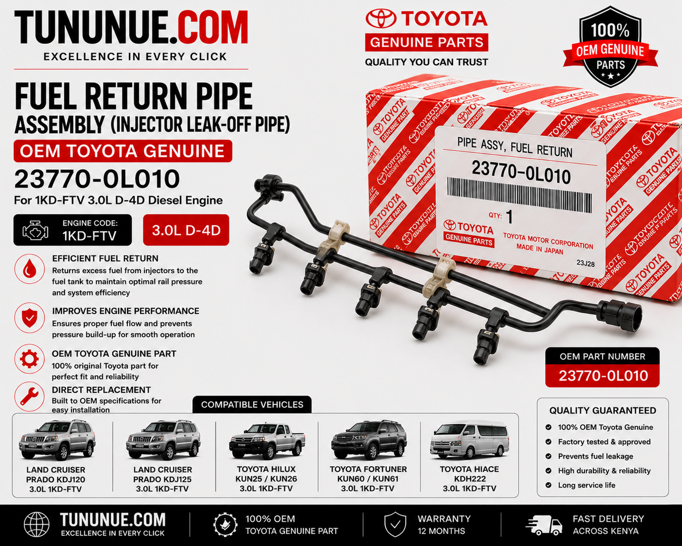 OEM Toyota Genuine Fuel Return Pipe Assembly (Injector Leak-Off Pipe) 23770-0L010 Prado J120 3.0L 1KD-FTV