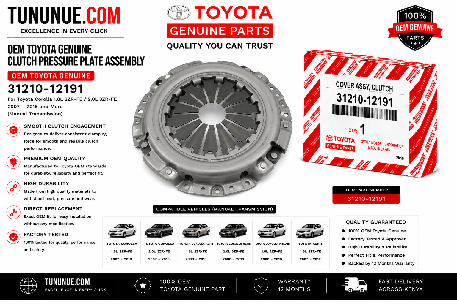 OEM Toyota Genuine Clutch Pressure Plate Assembly 31210-12191 Corolla 1.8L 2ZR-FE / 2.0L 3ZR-FE (Manual)