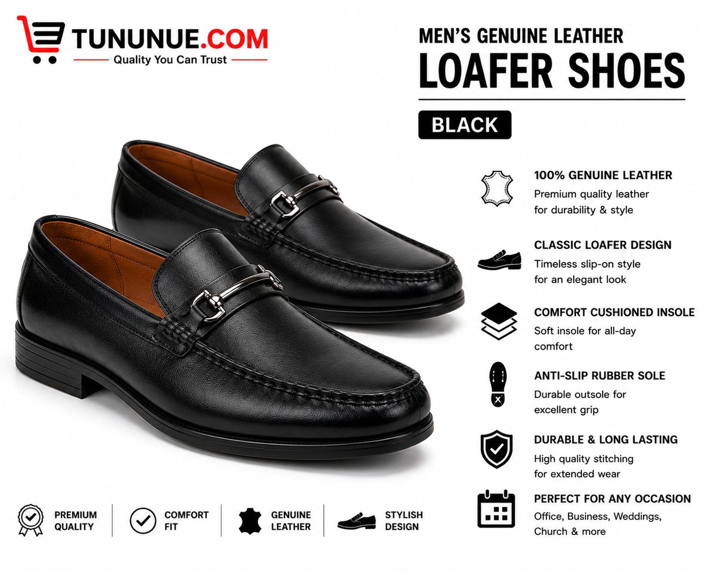 Men's Genuine Leather Black Horsebit Loafers
