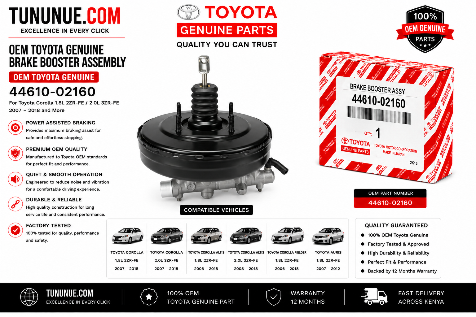 OEM Toyota Genuine Brake Booster Assembly 44610-02160 Corolla 1.8L 2ZR-FE / 2.0L 3ZR-FE