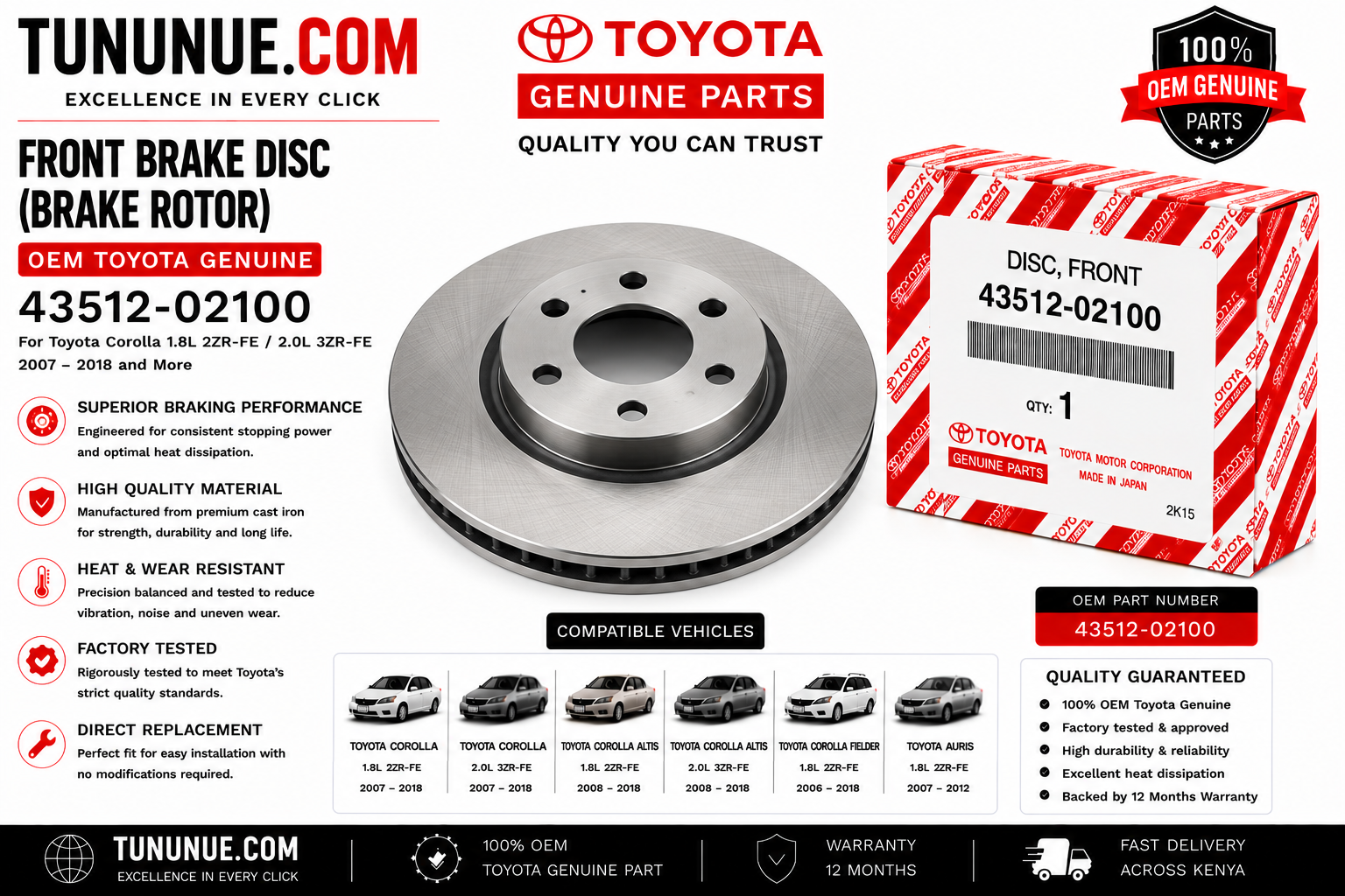 OEM Toyota Genuine Front Brake Disc (Brake Rotor) 43512-02100 Corolla 1.8L 2ZR-FE / 2.0L 3ZR-FE