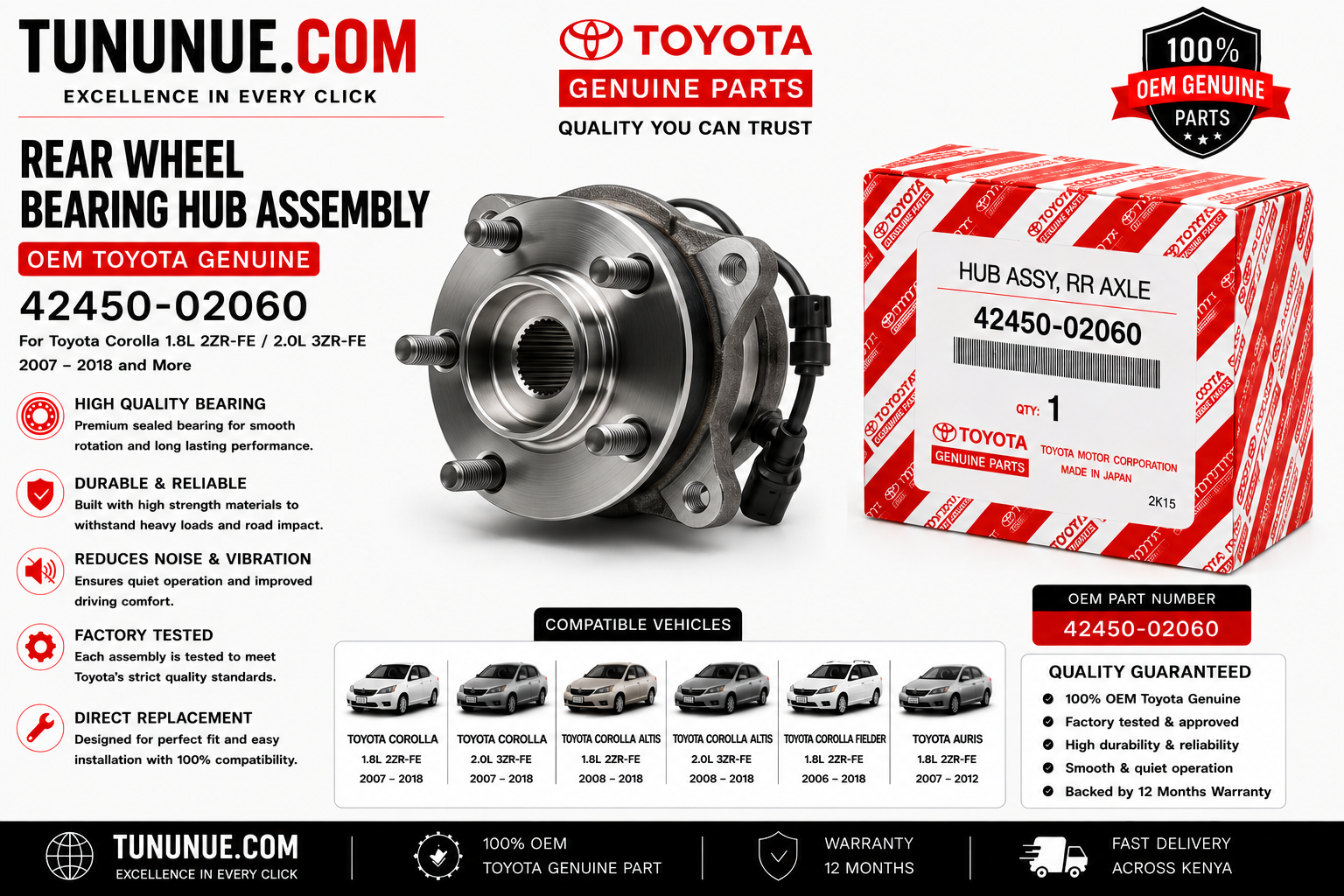 OEM Toyota Genuine Rear Wheel Bearing Hub Assembly 42450-02060 Corolla 1.8L 2ZR-FE / 2.0L 3ZR-FE