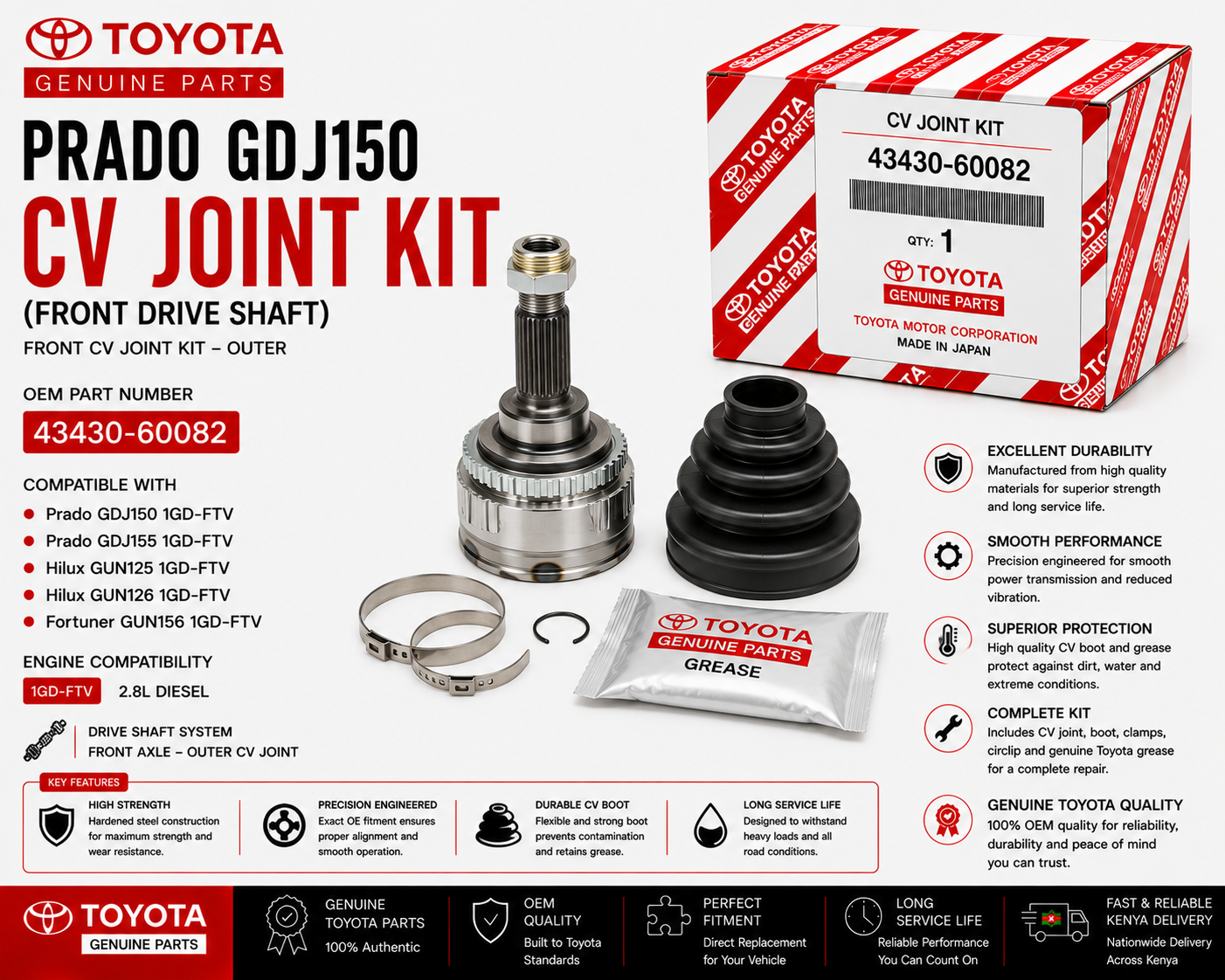 OEM Toyota CV Joint Kit 43430-60082 Prado GDJ150 2.8L 1GD-FTV