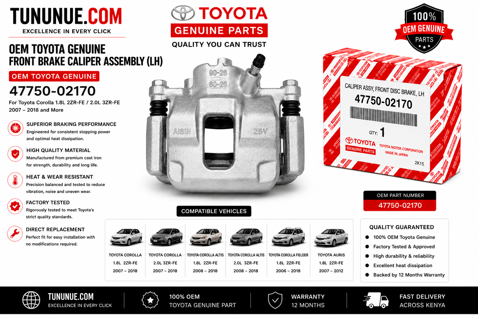 OEM Toyota Genuine Front Brake Caliper Assembly LH 47750-02170 Corolla 1.8L 2ZR-FE / 2.0L 3ZR-FE
