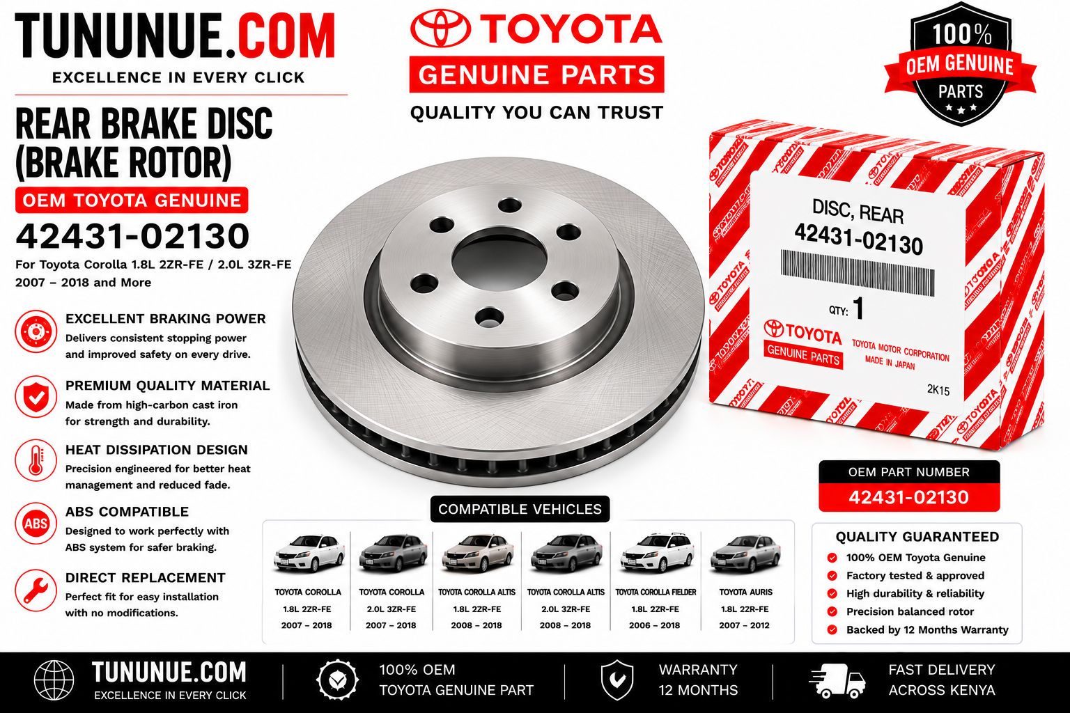 OEM Toyota Genuine Rear Brake Disc (Brake Rotor) 42431-02130 Corolla 1.8L 2ZR-FE / 2.0L 3ZR-FE