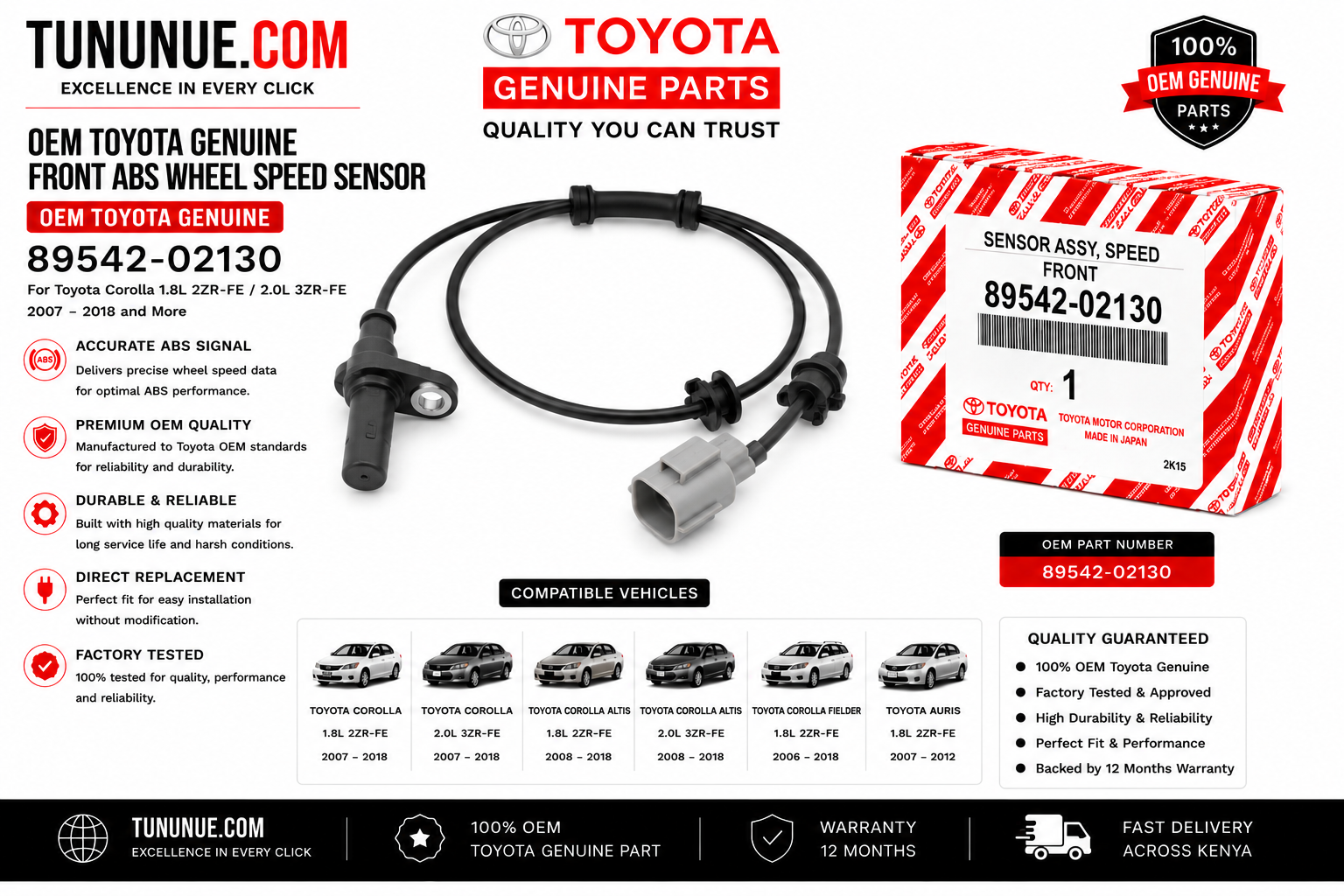OEM Toyota Genuine Front ABS Wheel Speed Sensor 89542-02130 Corolla 1.8L 2ZR-FE / 2.0L 3ZR-FE