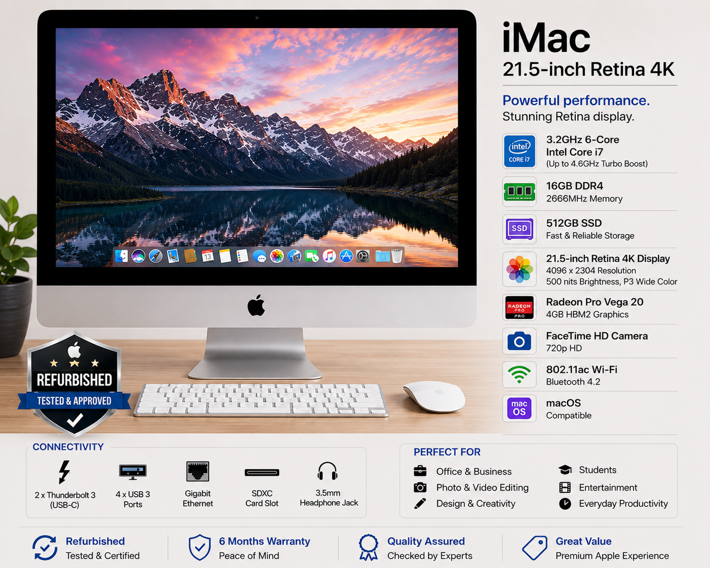 Apple iMac 21.5 Inch Retina 4K Core i7 16GB RAM 512GB SSD - Refurbished