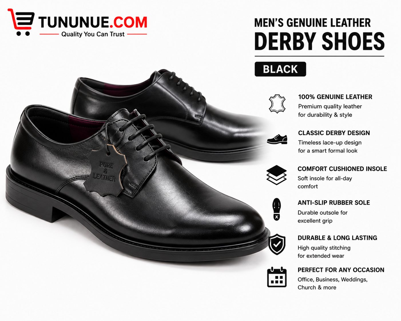 Men's Genuine Leather Black Derby Shoes
