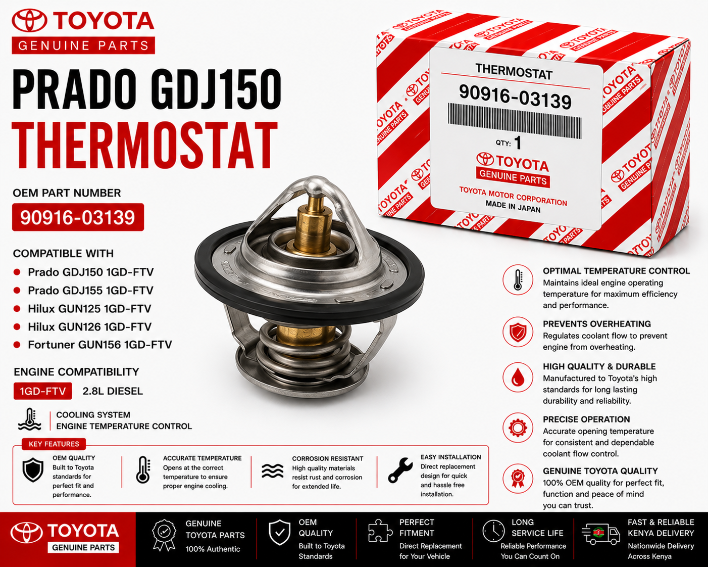 OEM Toyota Thermostat 90916-03139 Prado GDJ150 2.8L 1GD-FTV