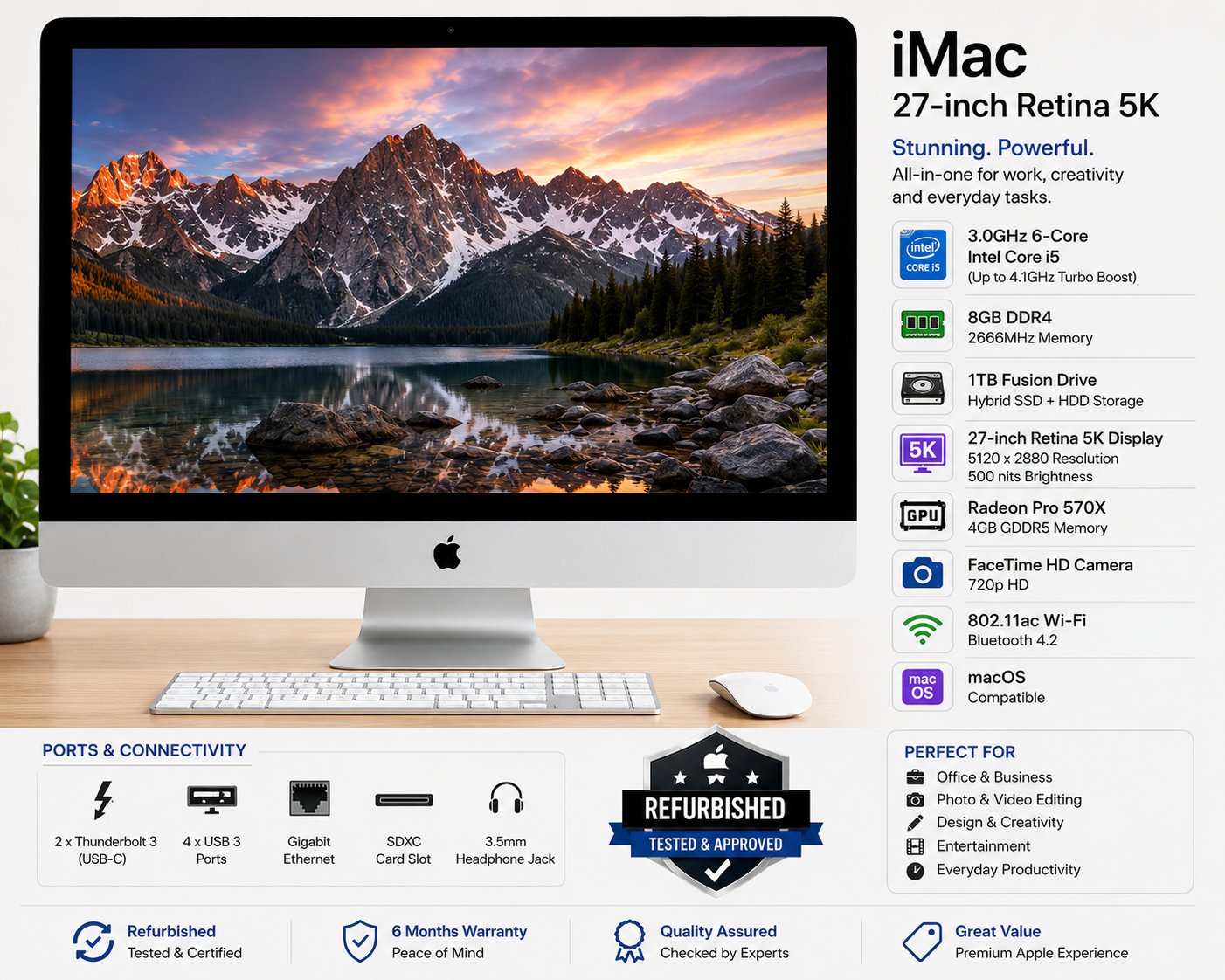 Apple iMac 27 Inch Retina 5K Core i5 8GB RAM 1TB Fusion Drive - Refurbished