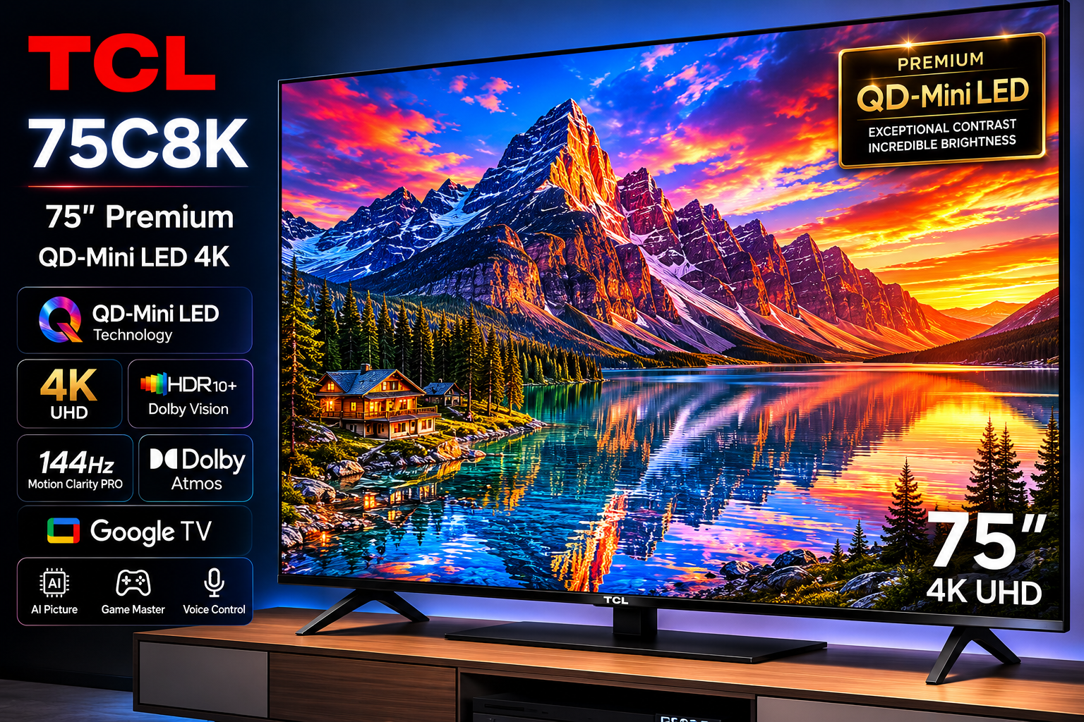 TCL 75C8K 75 Inch Premium QD-Mini LED 4K Google TV