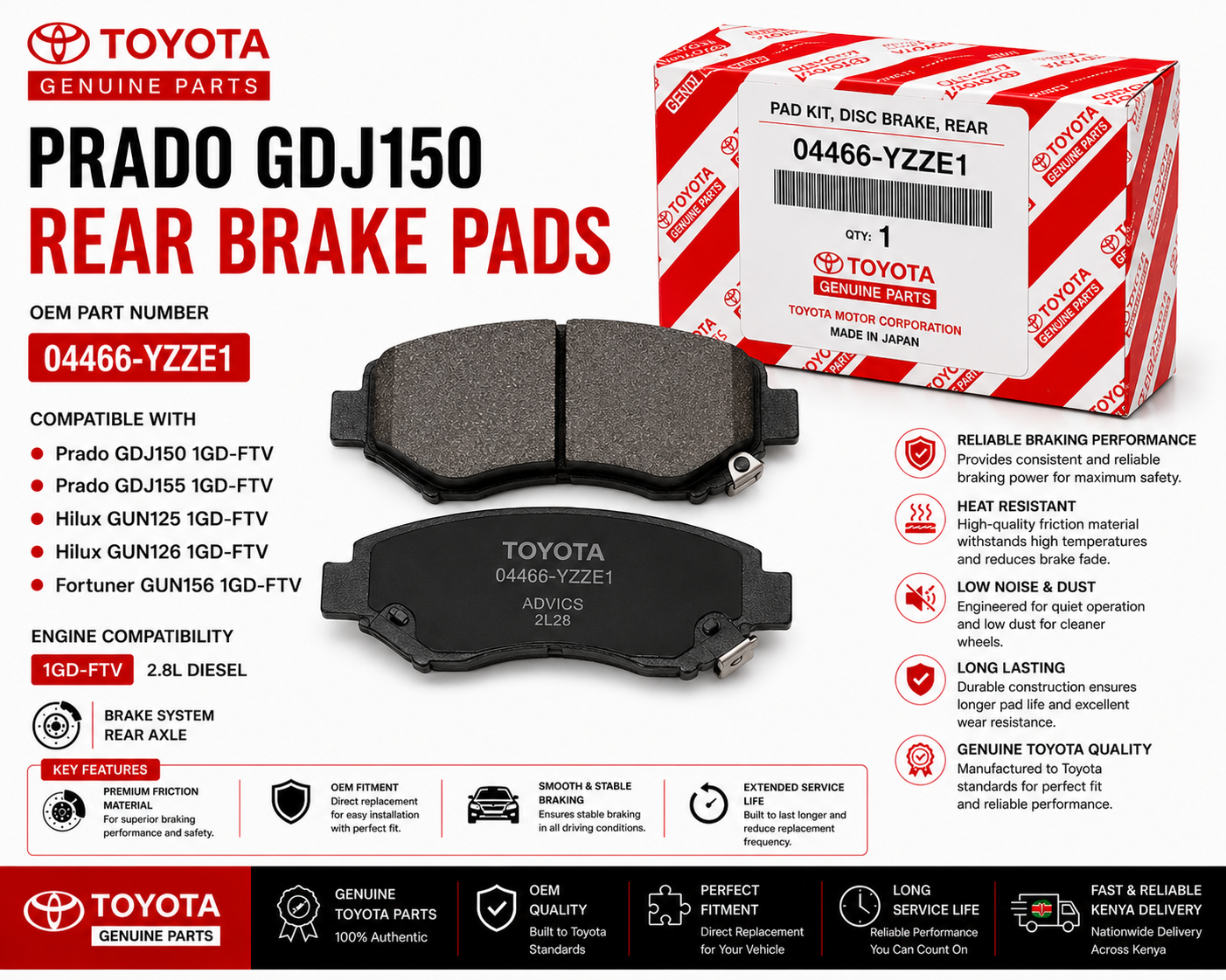 OEM Toyota Rear Brake Pads 04466-YZZE1 Prado GDJ150 2.8L 1GD-FTV