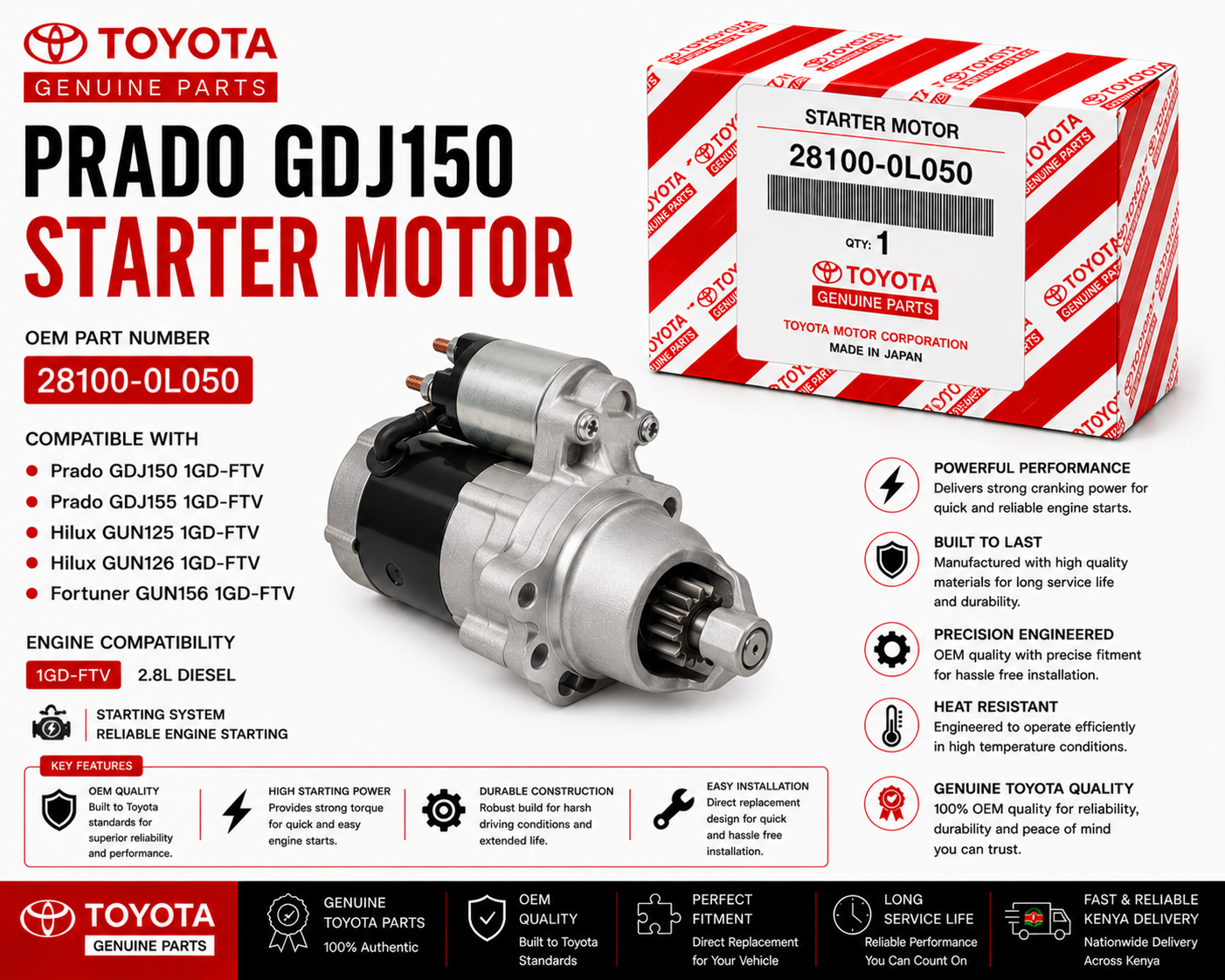 OEM Toyota Starter Motor 28100-0L050 Prado GDJ150 2.8L 1GD-FTV