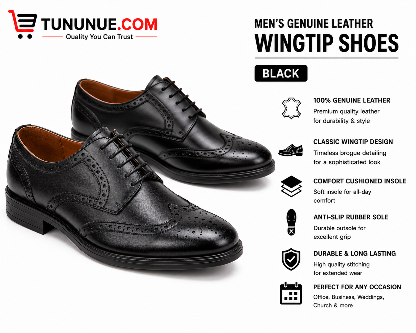 Men's Genuine Leather Black Wingtip Brogue Shoes