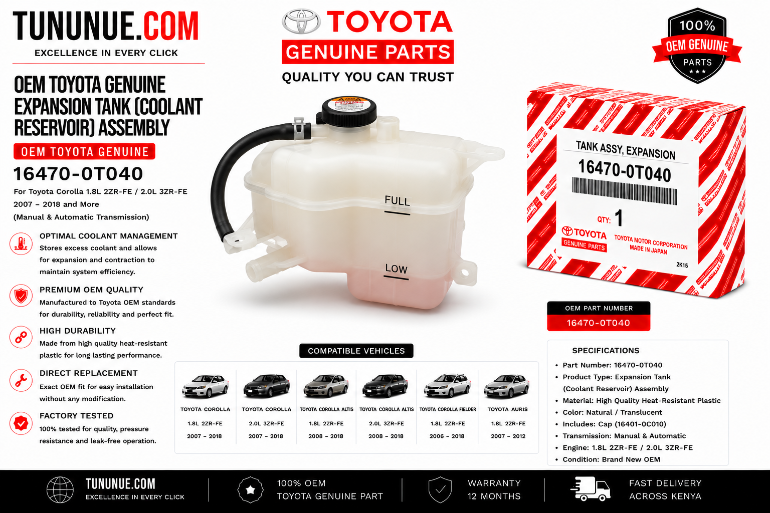 OEM Toyota Genuine Expansion Tank (Coolant Reservoir) Assembly 16470-0T040 Corolla 1.8L 2ZR-FE / 2.0L 3ZR-FE
