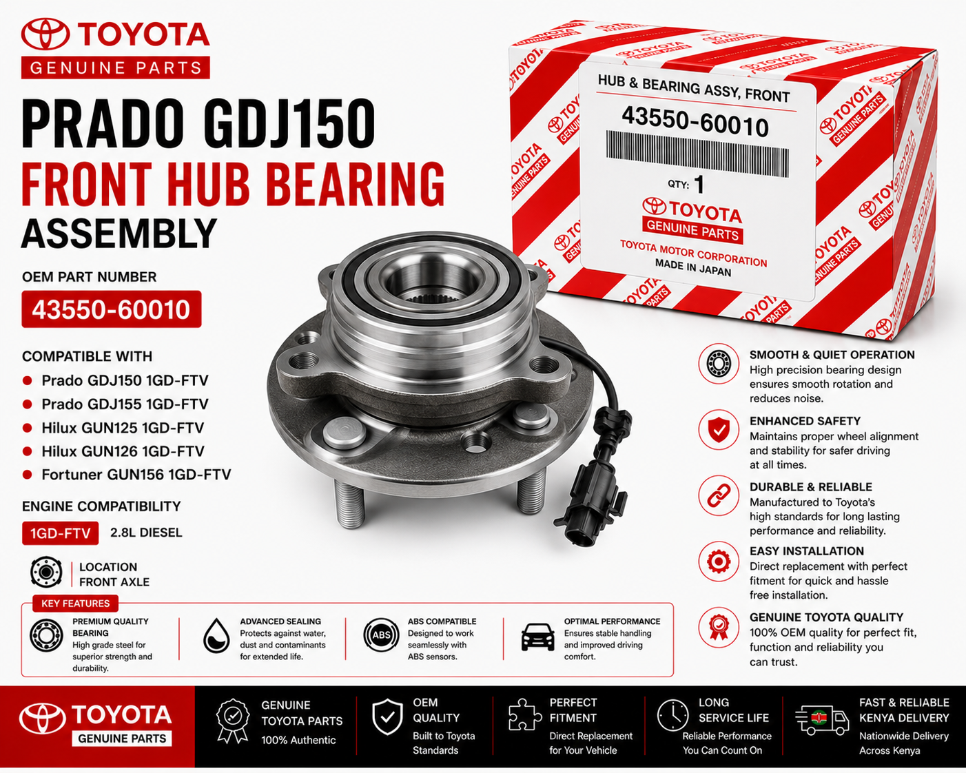 OEM Toyota Front Hub Bearing Assembly 43550-60010 Prado GDJ150 2.8L 1GD-FTV