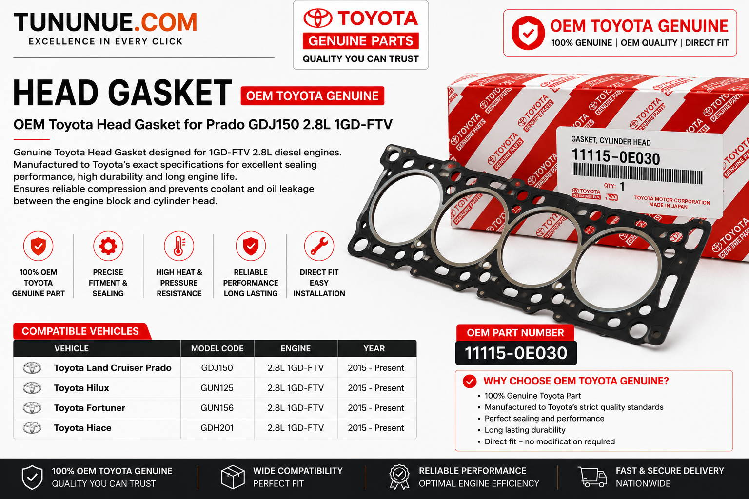 OEM Toyota Genuine Cylinder Head Gasket 11115-0E030 Prado GDJ150 2.8L 1GD-FTV