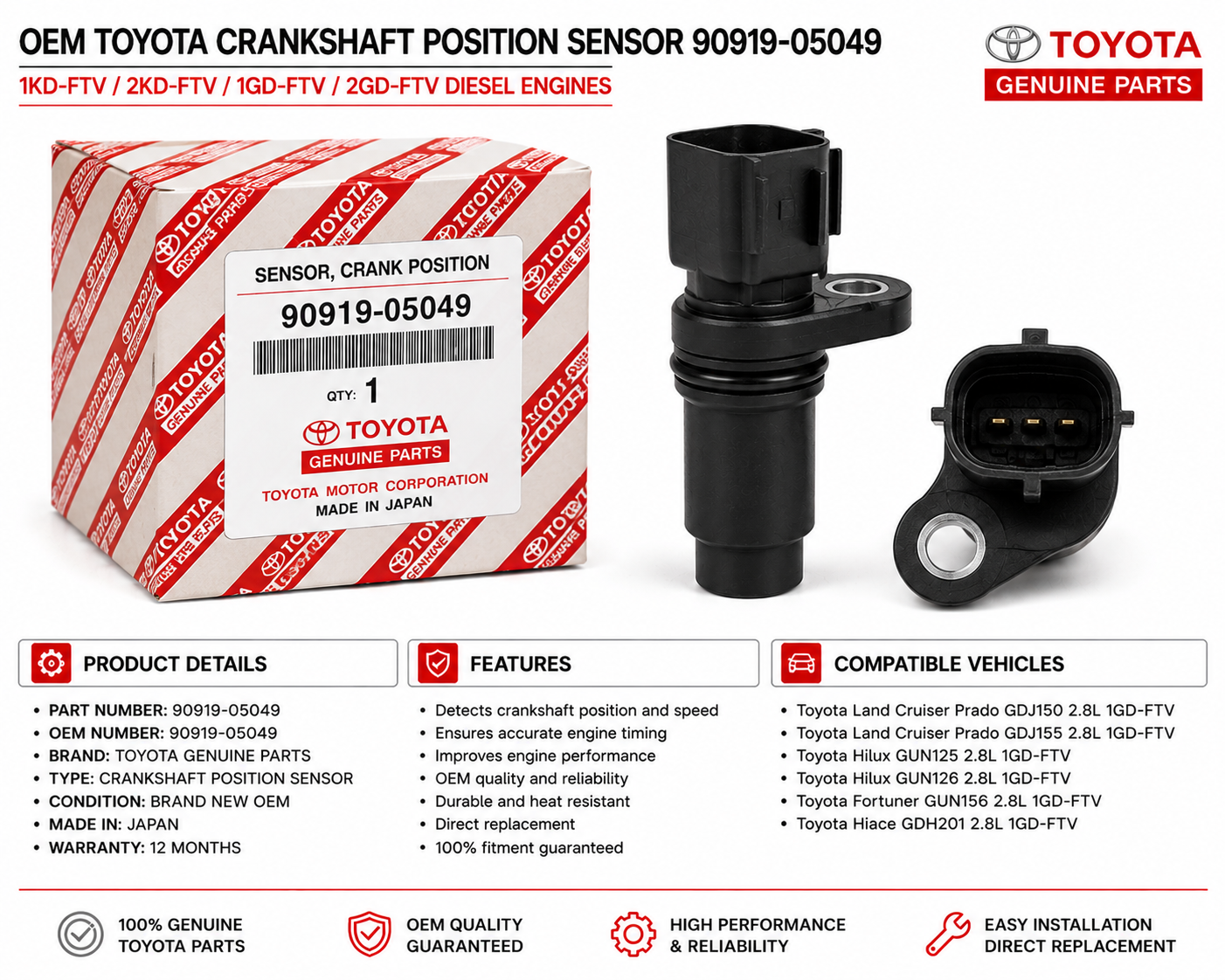 OEM Toyota Crankshaft Position Sensor 90919-05049 Prado GDJ150 2.8L 1GD-FTV