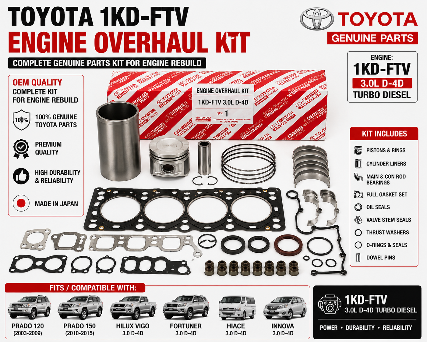 Toyota 1KD-FTV Engine Overhaul Kit 3.0 D-4D