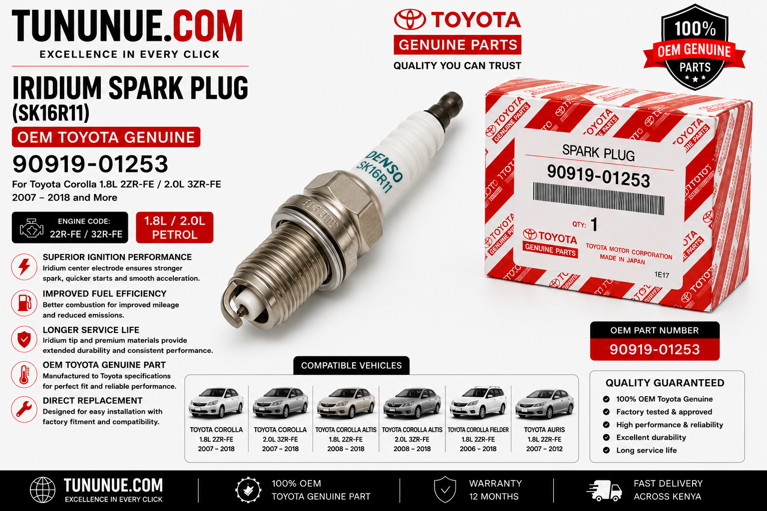 OEM Toyota Genuine Iridium Spark Plug 90919-01253 Corolla 1.8L 2ZR-FE / 2.0L 3ZR-FE