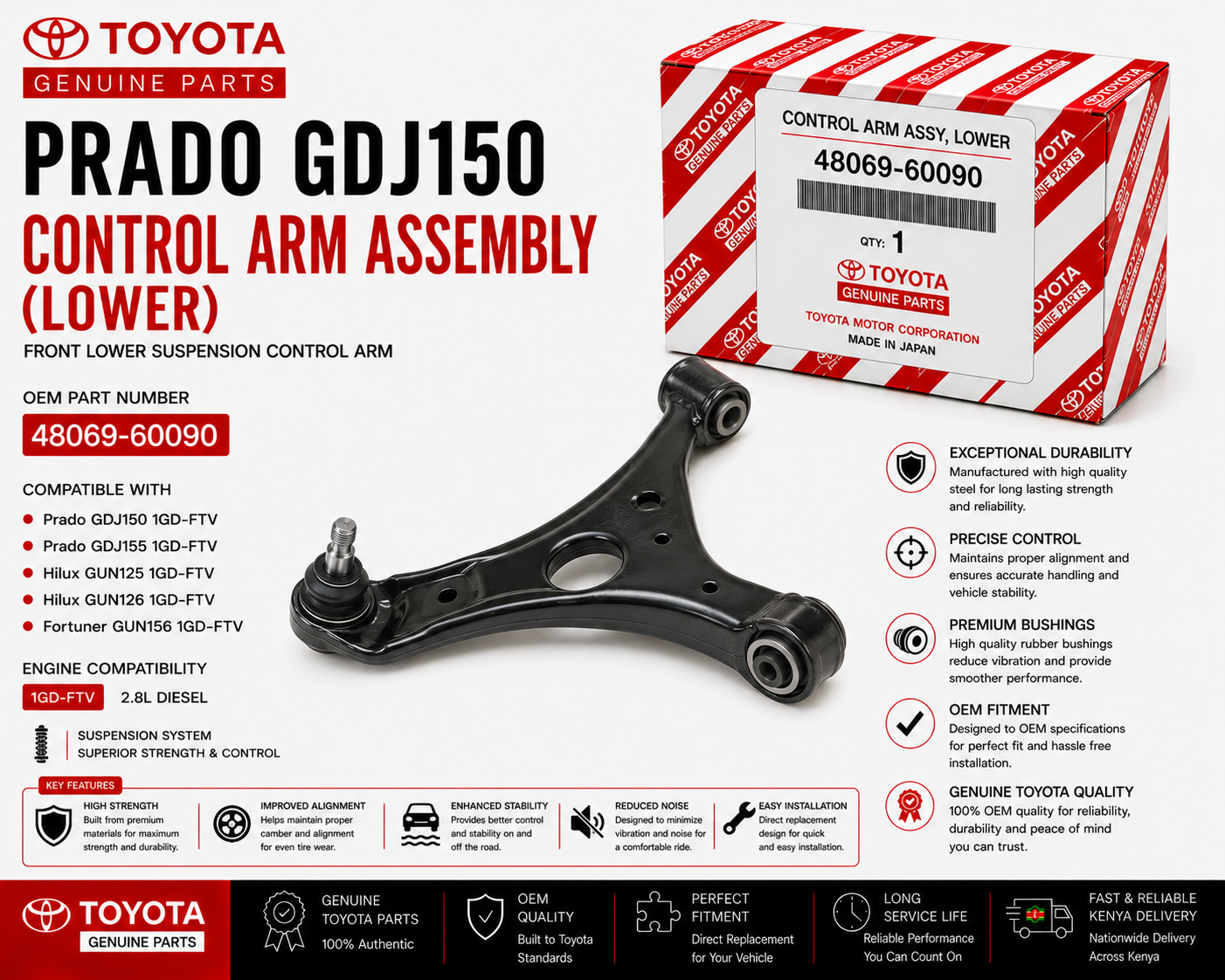 OEM Toyota Lower Control Arm Assembly 48069-60090 Prado GDJ150 2.8L 1GD-FTV