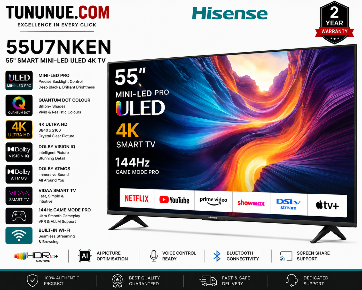 Hisense 55U7NKEN 55 Inch Smart Mini-LED ULED 4K UHD TV