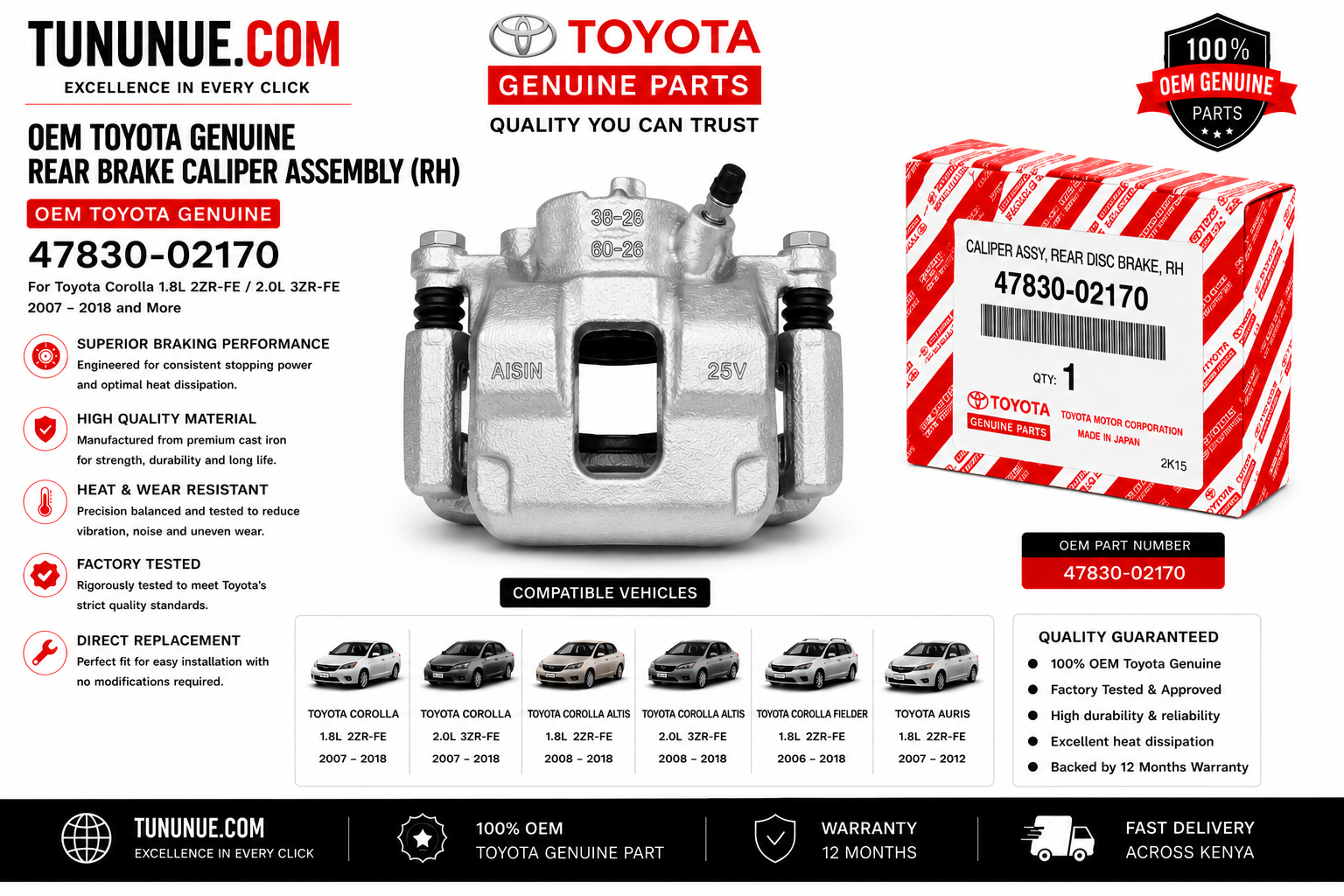 OEM Toyota Genuine Rear Brake Caliper Assembly RH 47830-02170 Corolla 1.8L 2ZR-FE / 2.0L 3ZR-FE