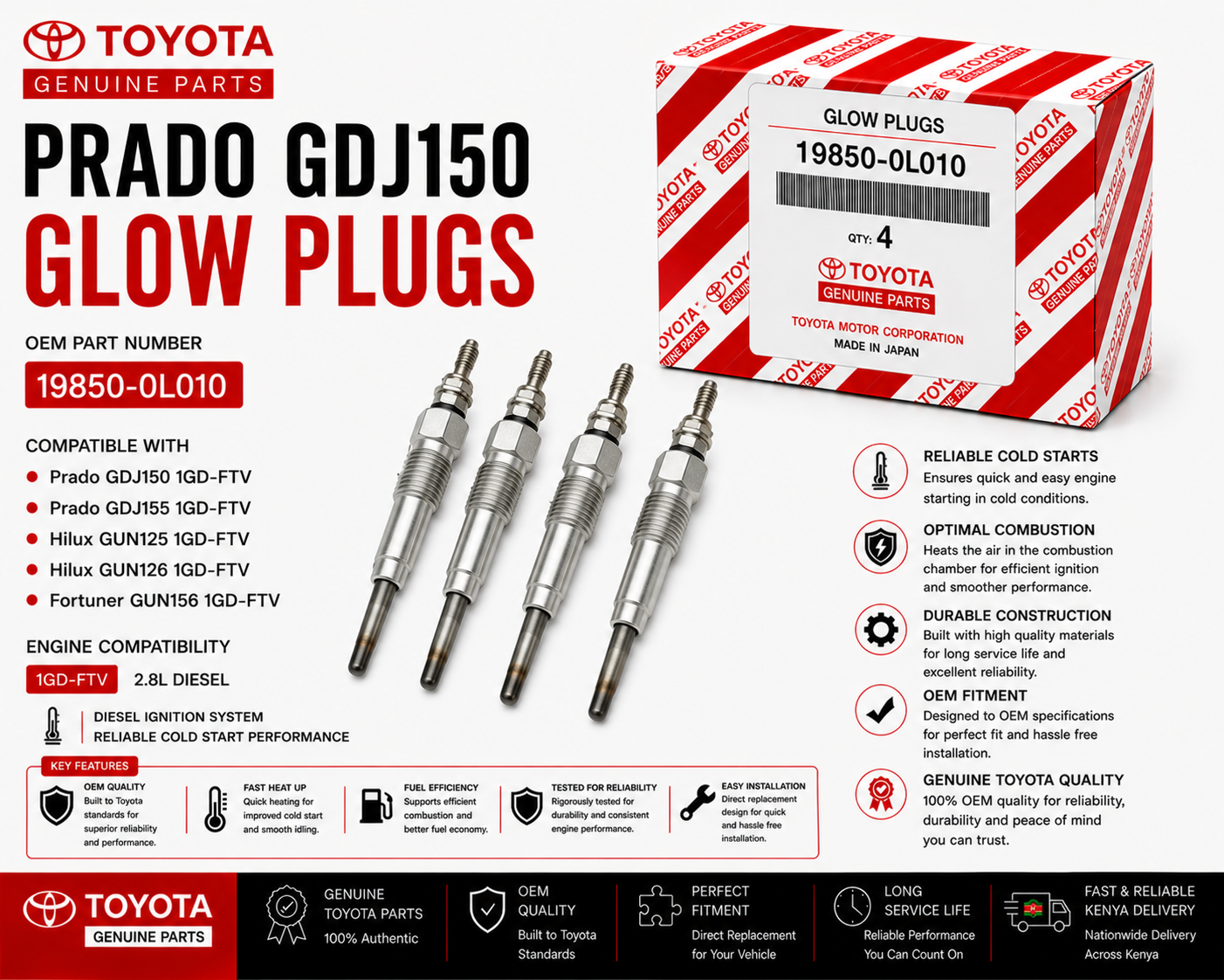 OEM Toyota Glow Plug 19850-0L010 Prado GDJ150 2.8L 1GD-FTV