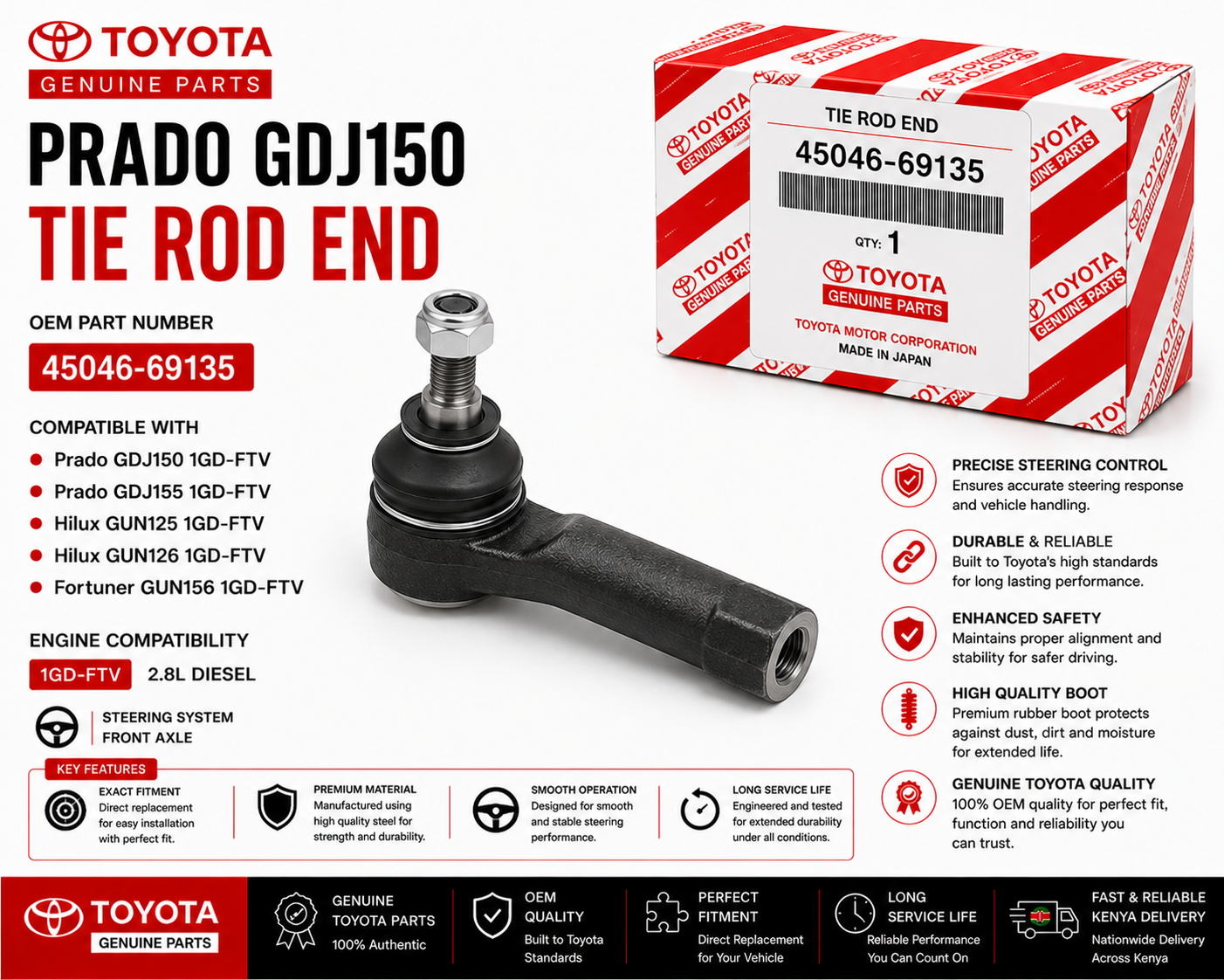 OEM Toyota Tie Rod End 45046-69135 Prado GDJ150 2.8L 1GD-FTV