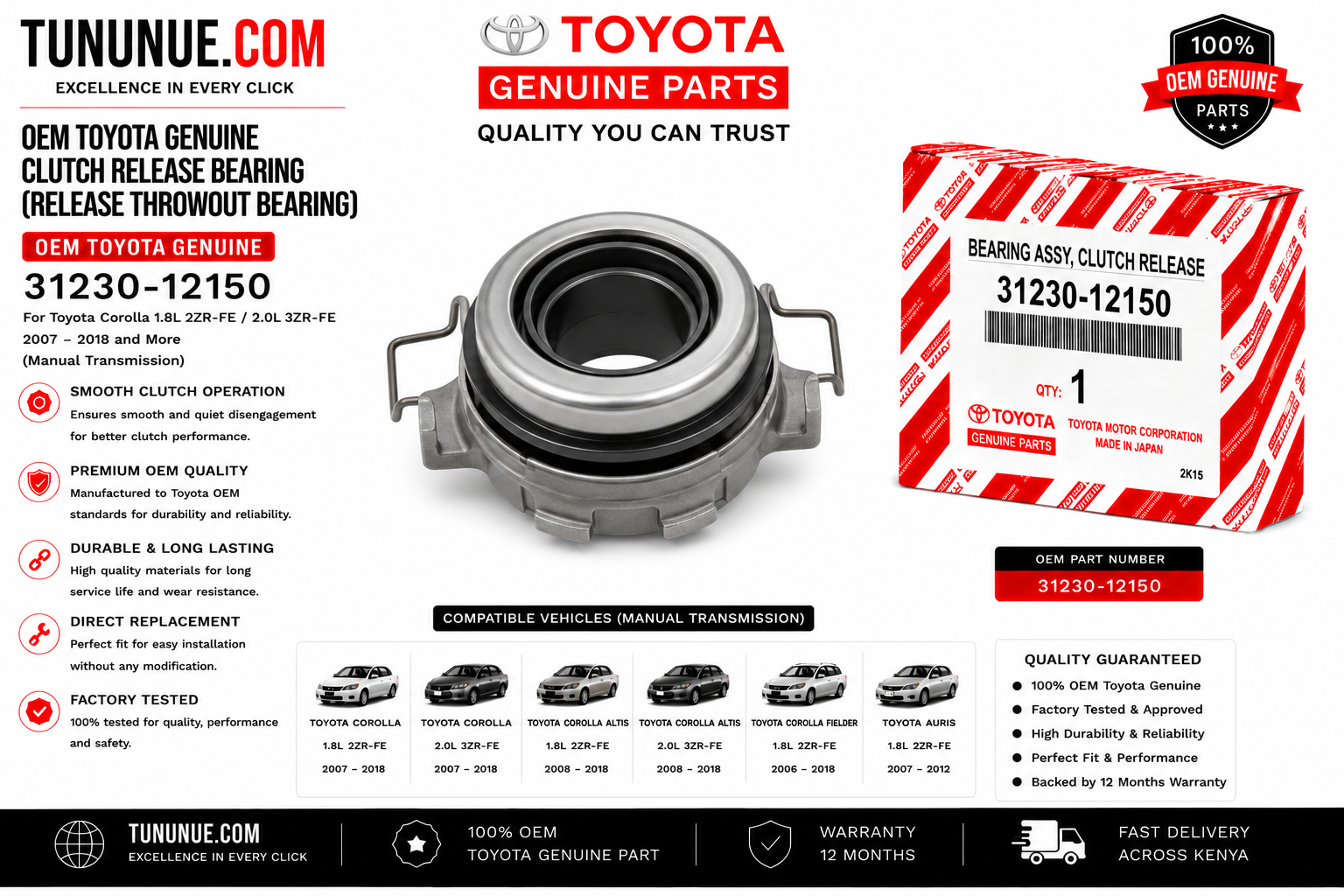 OEM Toyota Genuine Clutch Release Bearing 31230-12150 Corolla 1.8L 2ZR-FE / 2.0L 3ZR-FE (Manual)