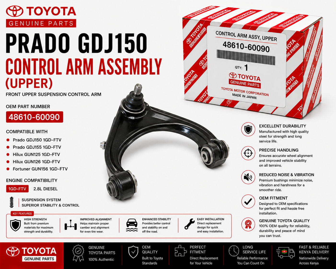 OEM Toyota Upper Control Arm Assembly 48610-60090 Prado GDJ150 2.8L 1GD-FTV
