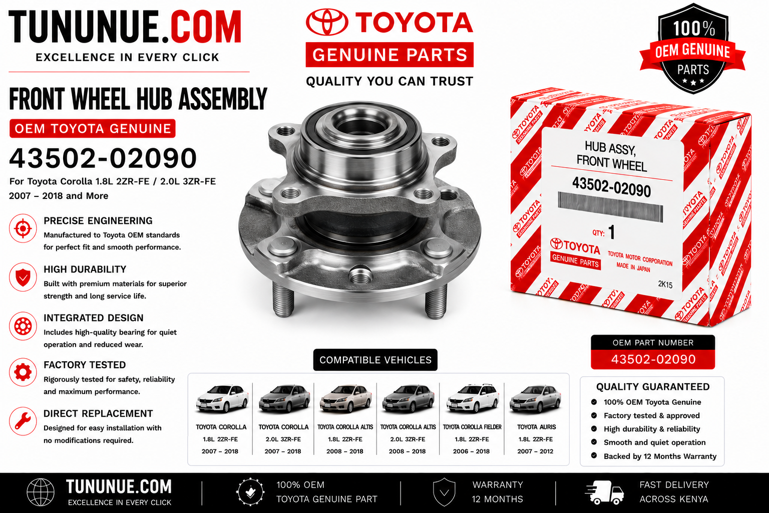OEM Toyota Genuine Front Wheel Hub Assembly 43502-02090 Corolla 1.8L 2ZR-FE / 2.0L 3ZR-FE
