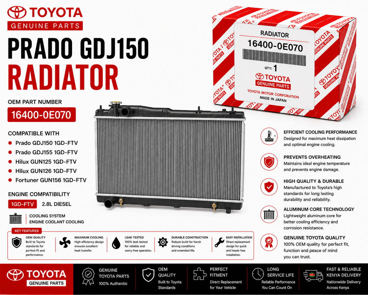 OEM Toyota Radiator 16400-0E070 Prado GDJ150 2.8L 1GD-FTV