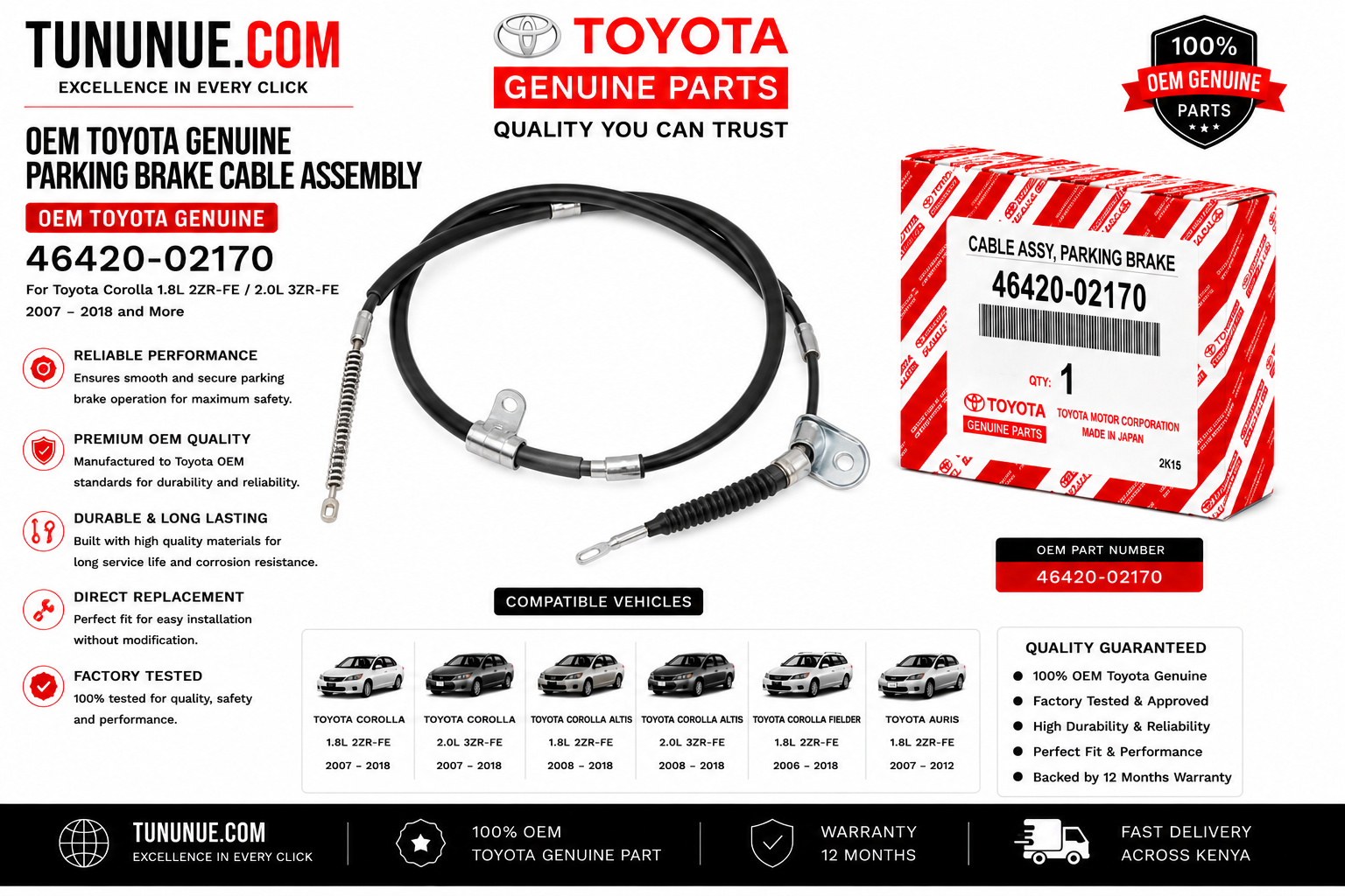 OEM Toyota Genuine Parking Brake Cable Assembly 46420-02170 Corolla 1.8L 2ZR-FE / 2.0L 3ZR-FE