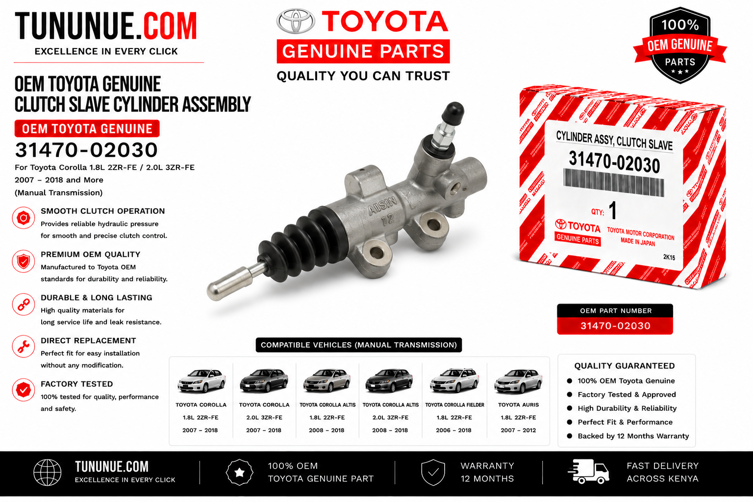 OEM Toyota Genuine Clutch Slave Cylinder Assembly 31470-02030 Corolla 1.8L 2ZR-FE / 2.0L 3ZR-FE (Manual)