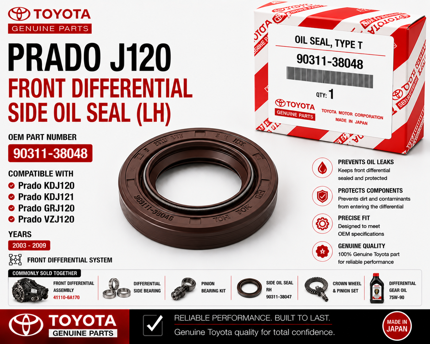 Toyota Prado J120 Front Differential Side Oil Seal LH 90311-38048
