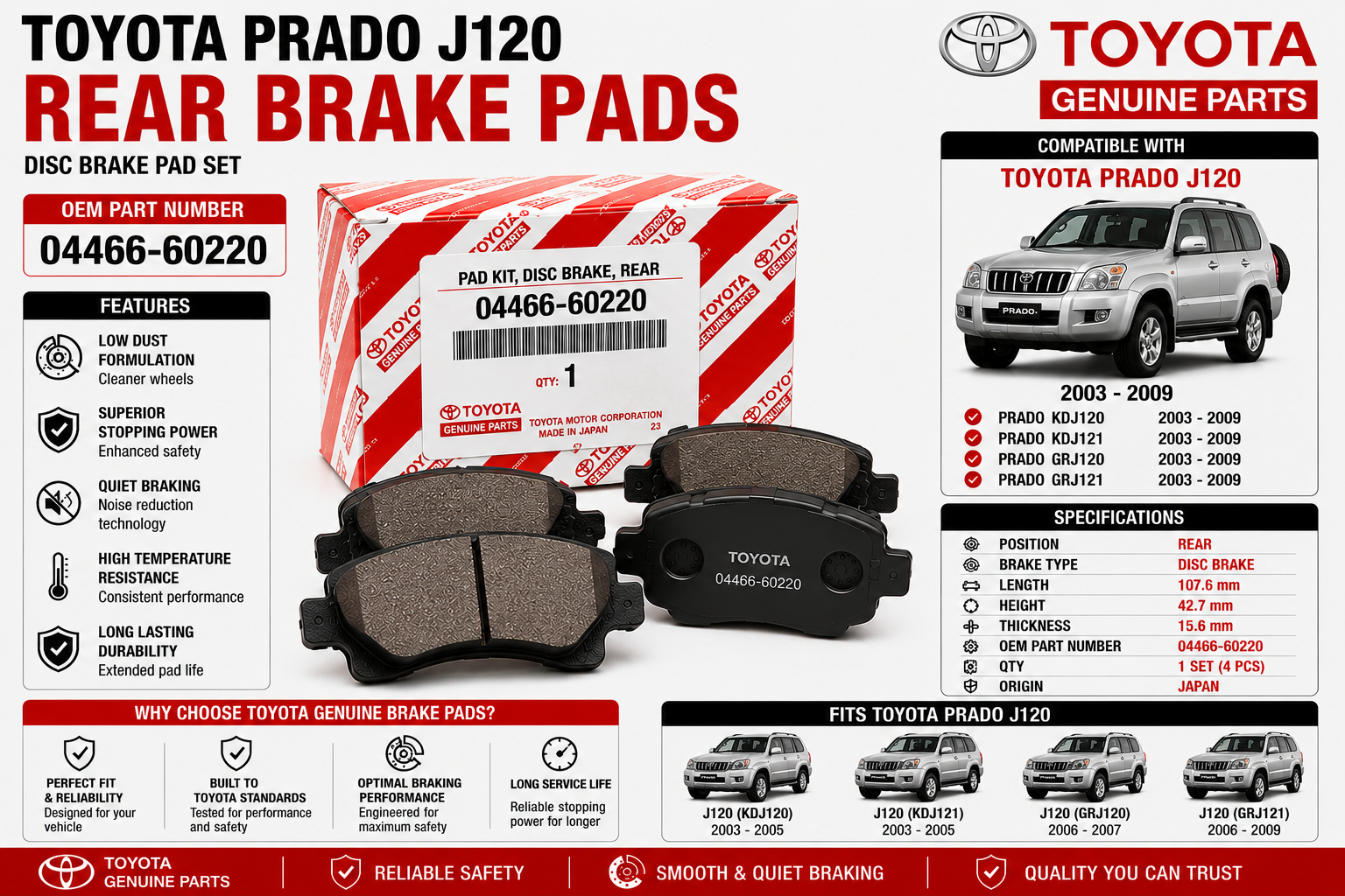 Toyota Prado J120 Rear Brake Pads 04466-60220
