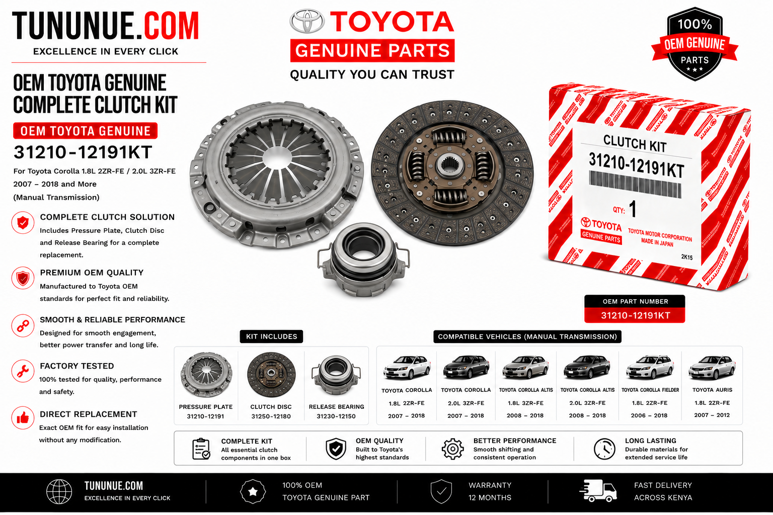 OEM Toyota Genuine Complete Clutch Kit 31210-12191KT Corolla 1.8L 2ZR-FE / 2.0L 3ZR-FE (Manual)
