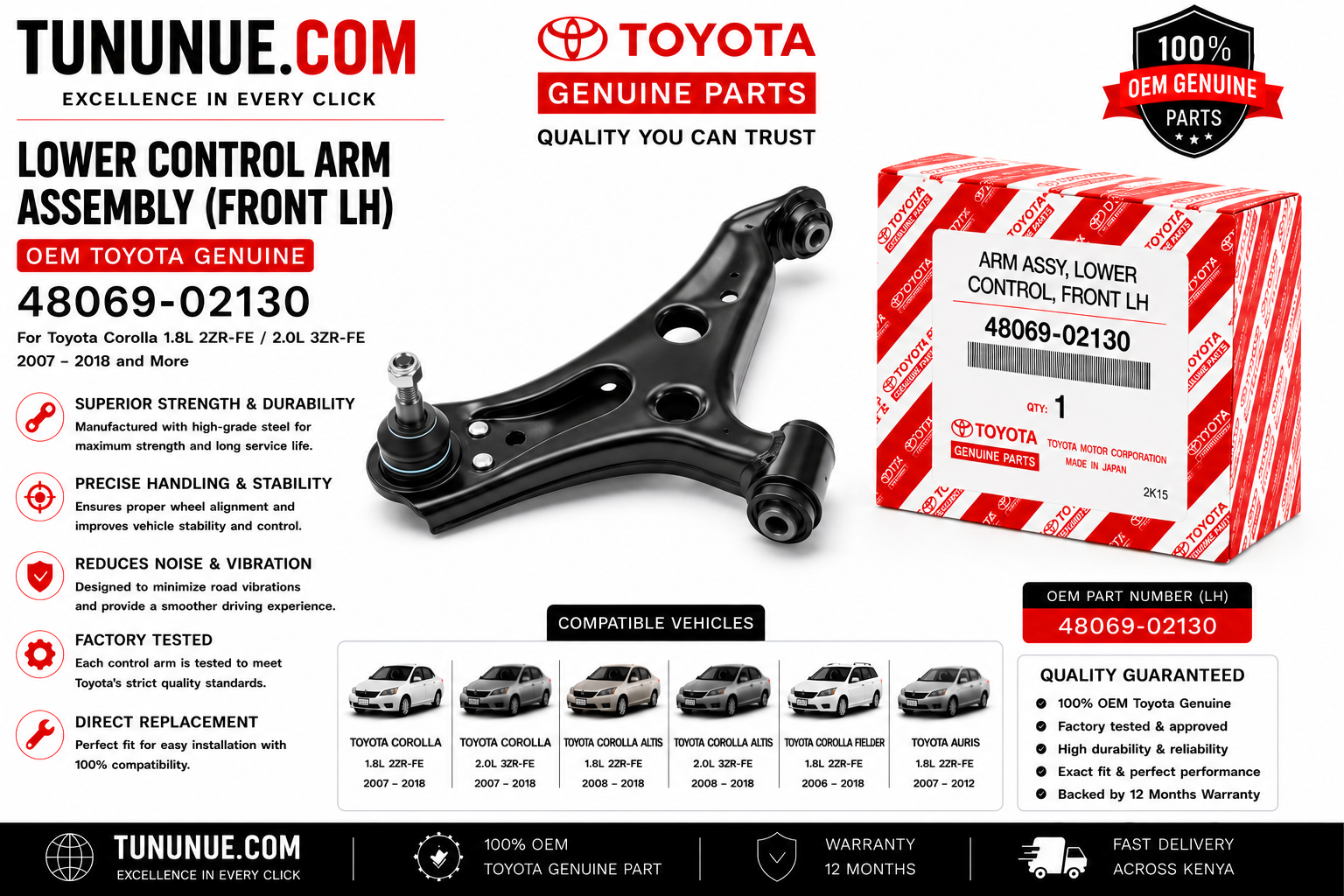 OEM Toyota Genuine Lower Control Arm Assembly Front LH 48069-02130 Corolla 1.8L 2ZR-FE / 2.0L 3ZR-FE