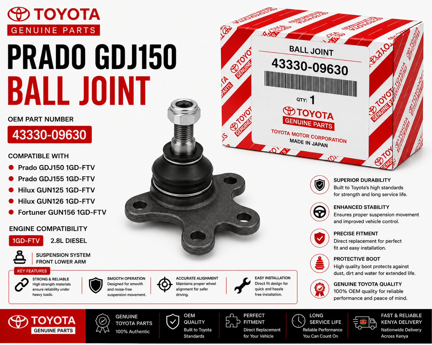 OEM Toyota Ball Joint 43330-09630 Prado GDJ150 2.8L 1GD-FTV