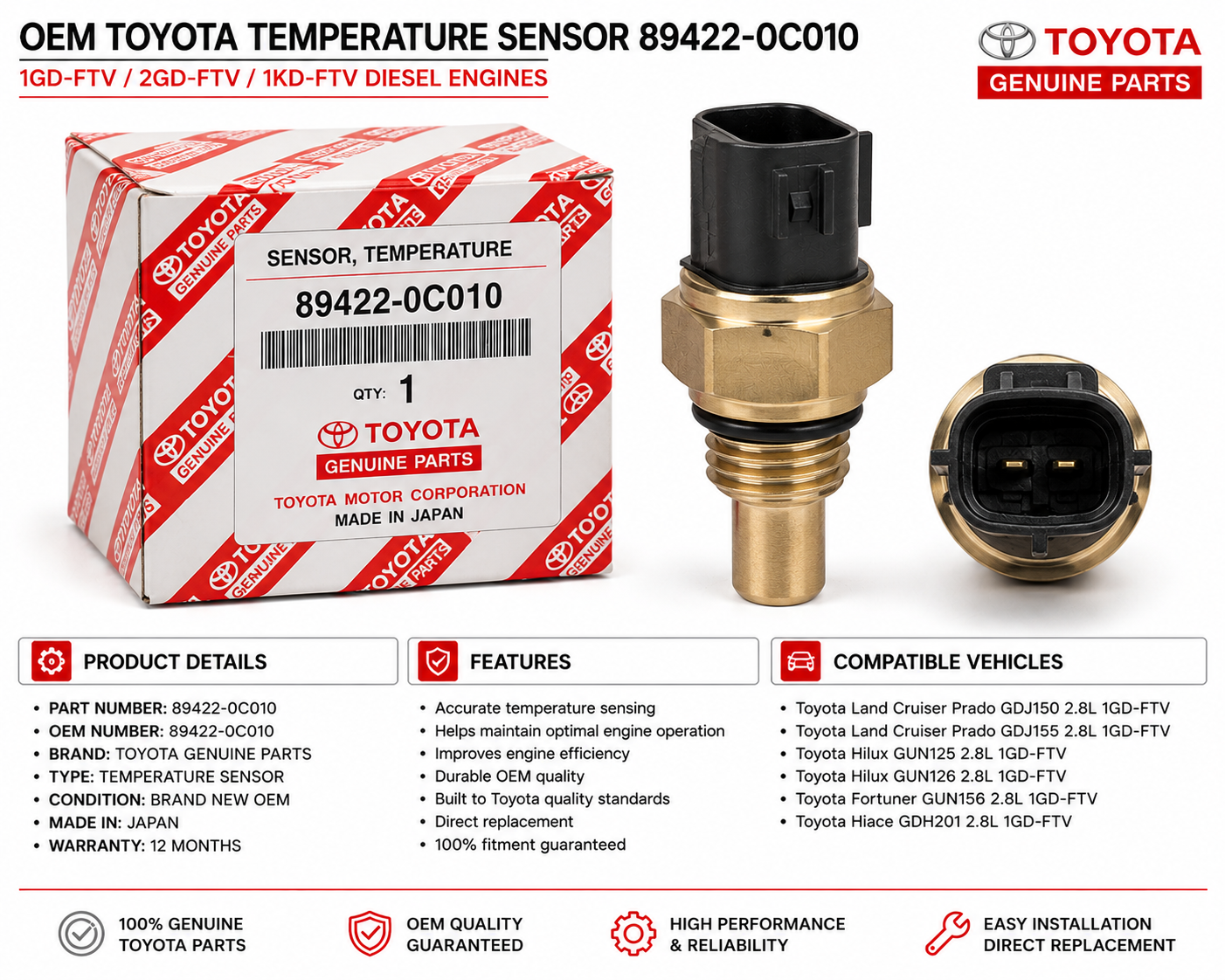 OEM Toyota Temperature Sensor 89422-0C010 Prado GDJ150 2.8L 1GD-FTV