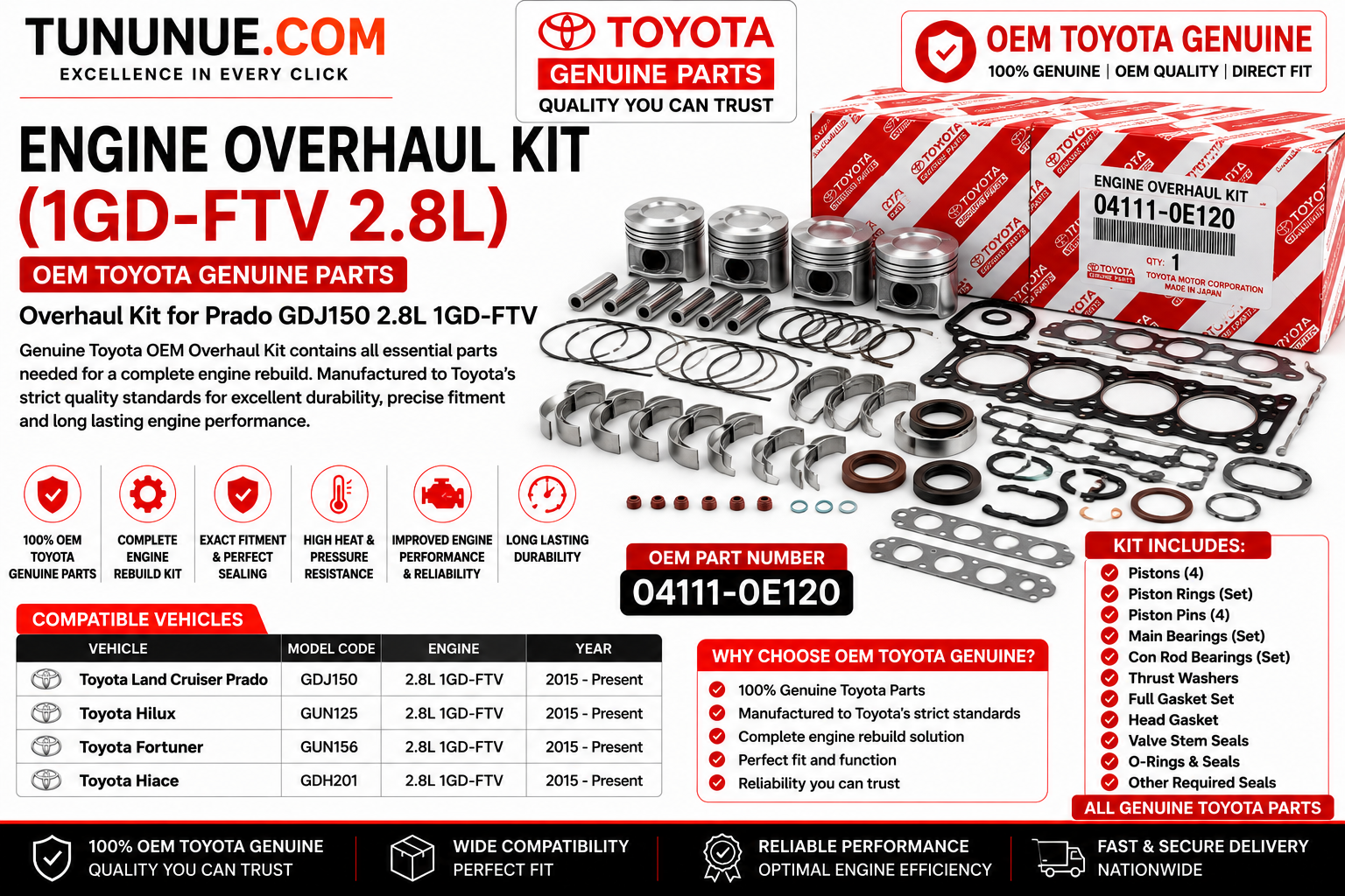 OEM Toyota Genuine Engine Overhaul Kit 04111-0E120 Prado GDJ150 2.8L 1GD-FTV