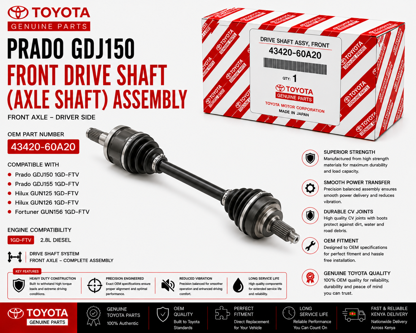 OEM Toyota Front Drive Shaft Assembly 43420-60A20 Prado GDJ150 2.8L 1GD-FTV