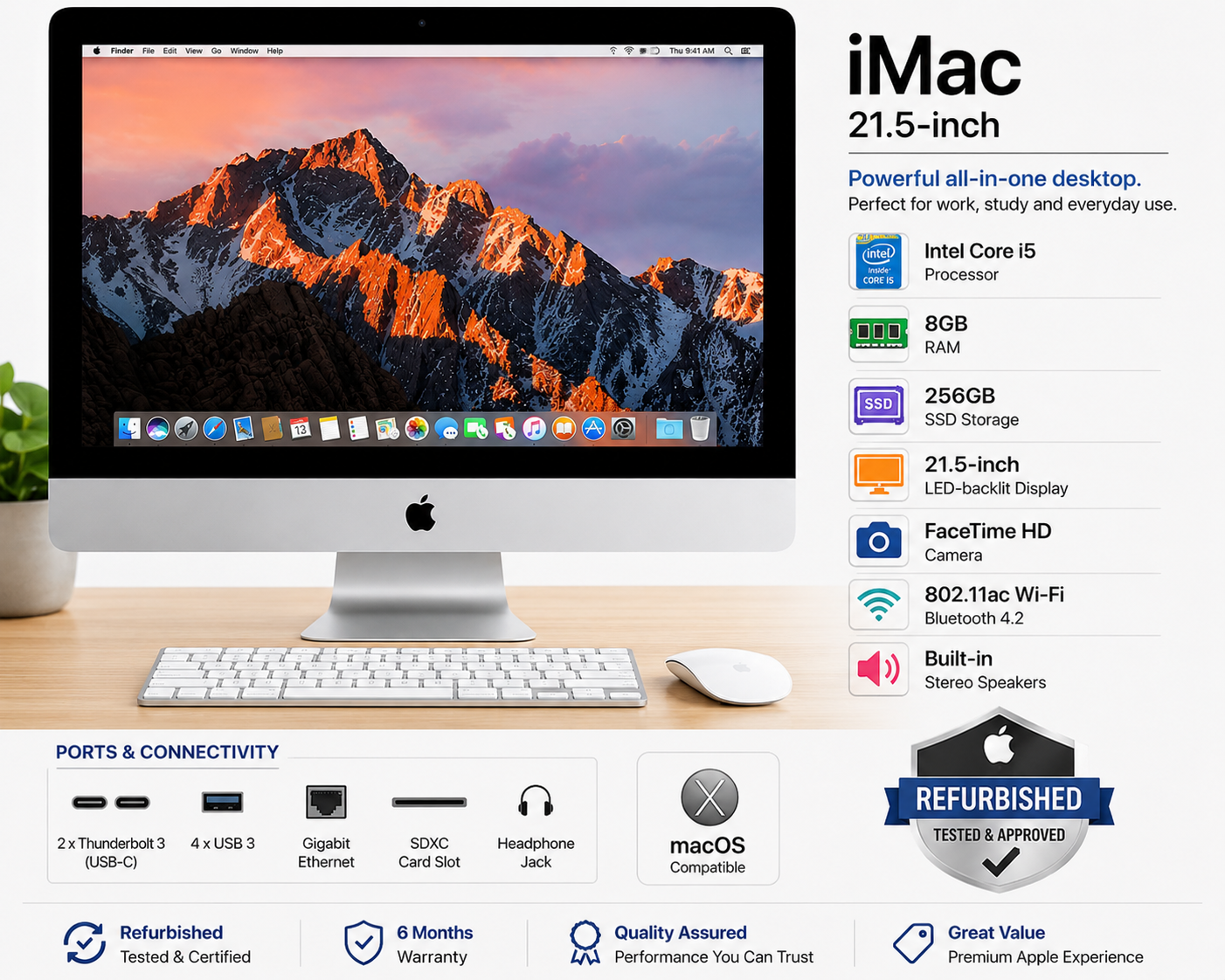 Apple iMac 21.5 Inch Core i5 8GB RAM 256GB SSD - Refurbished