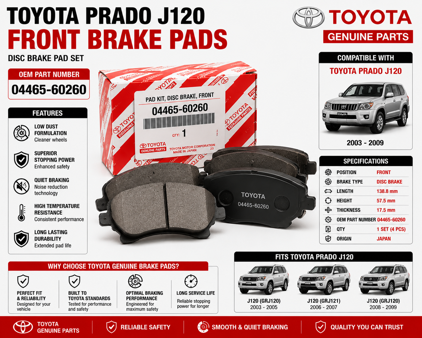 Toyota Prado J120 Front Brake Pads 04465-60260
