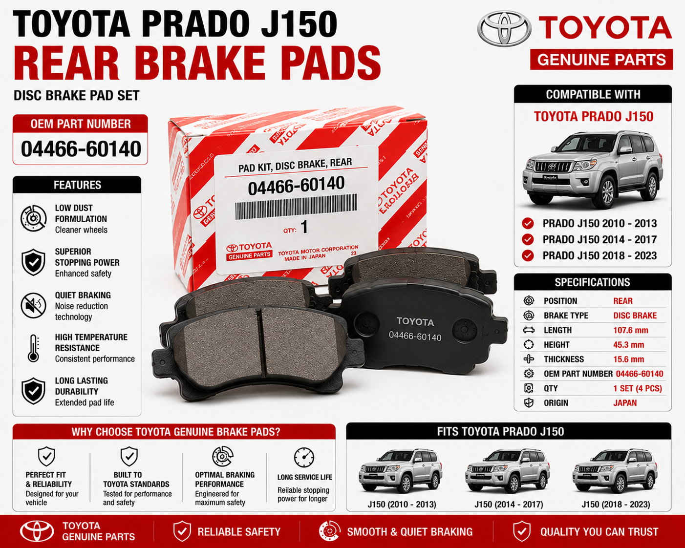 Toyota Prado J150 Rear Brake Pads 04466-60140